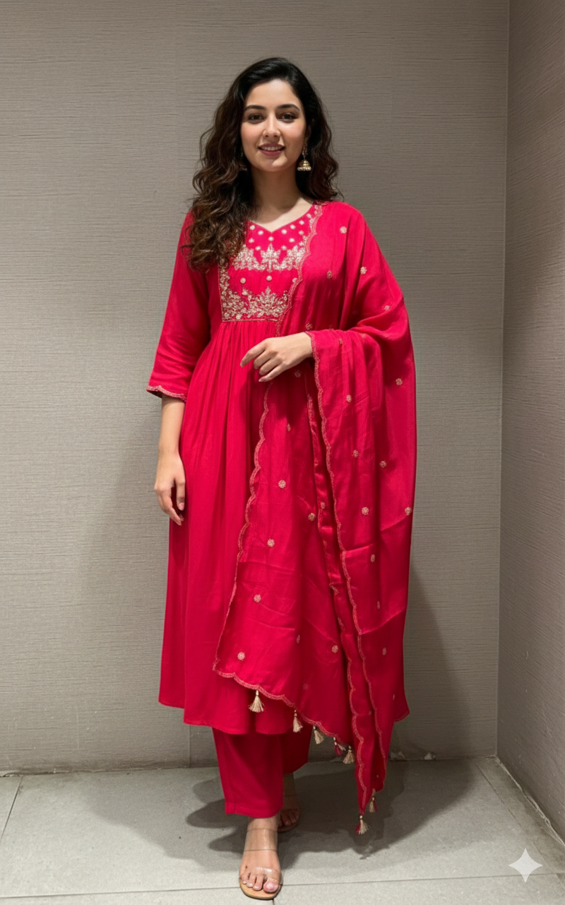 Rani pink MUL CHANDERI kurta set