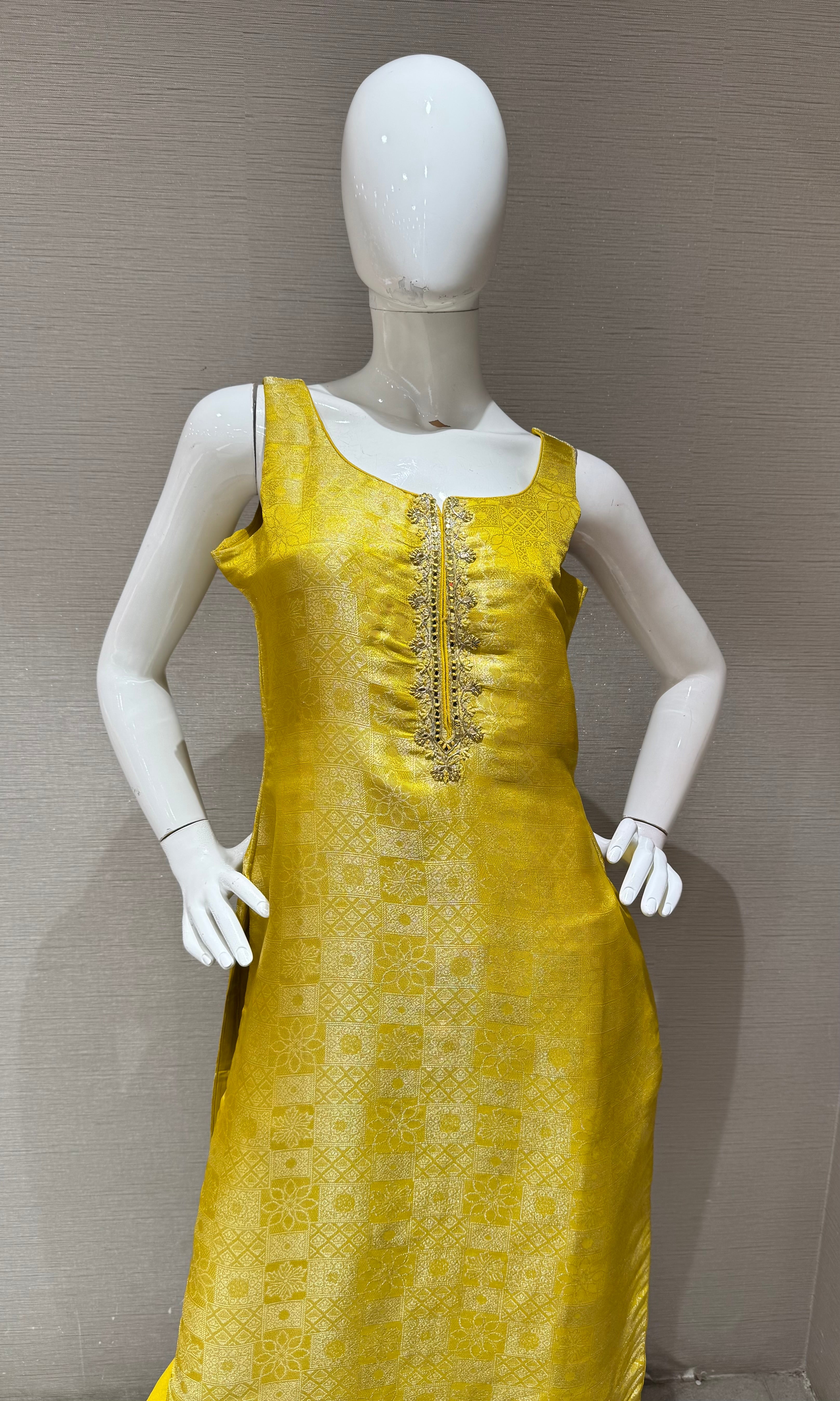Yellow silk jaquard Kurta set