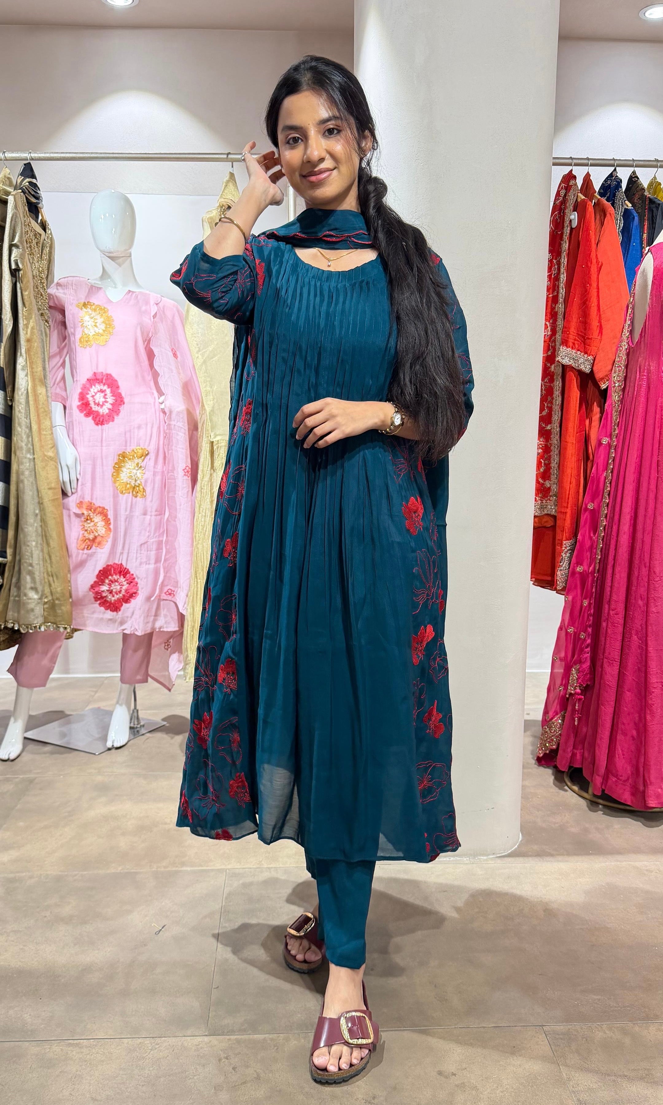 Blue Floral Embroidered Kurta Set with Dupatta