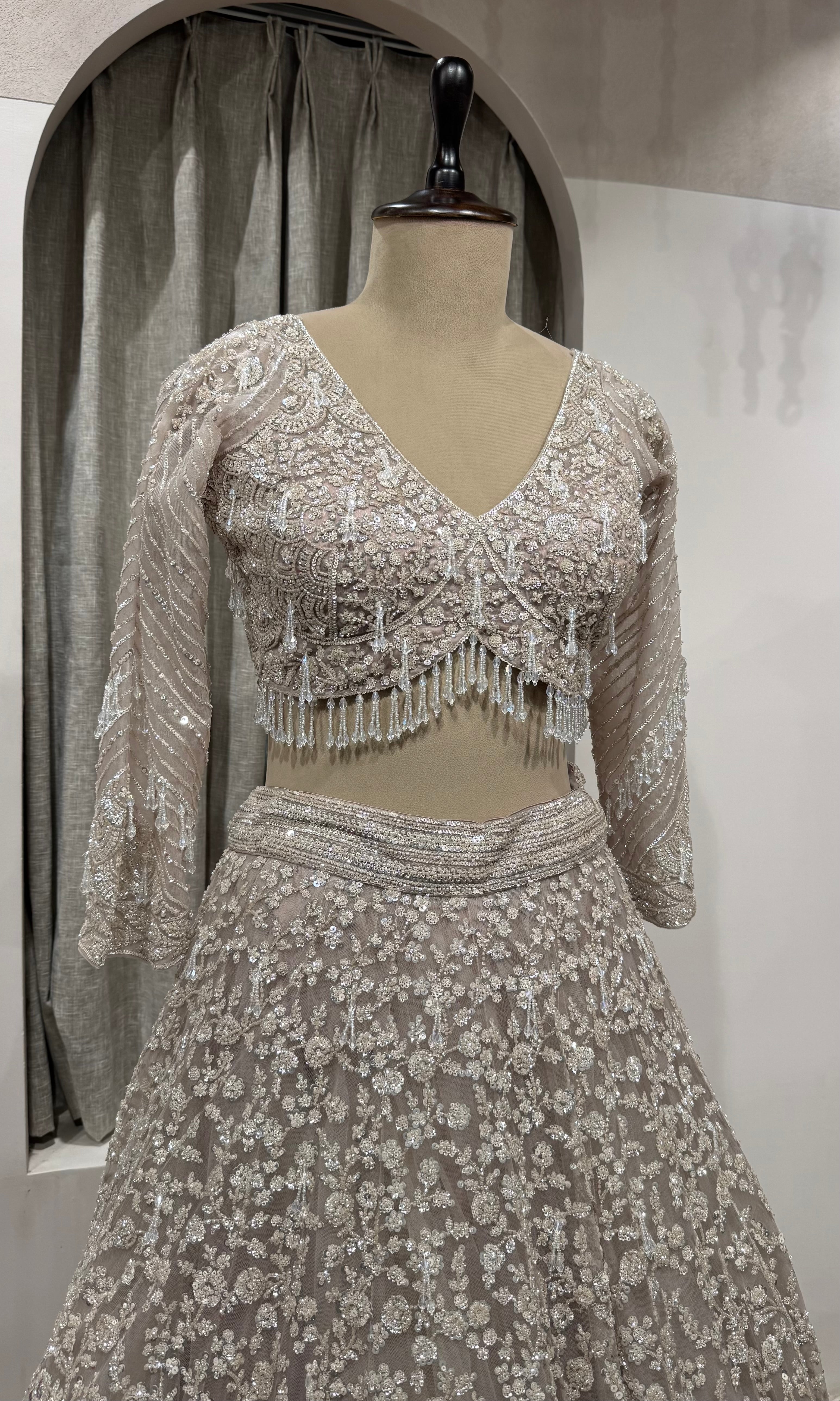 Grey Silver Net Heavy Embroidered Bridal Lehenga Set