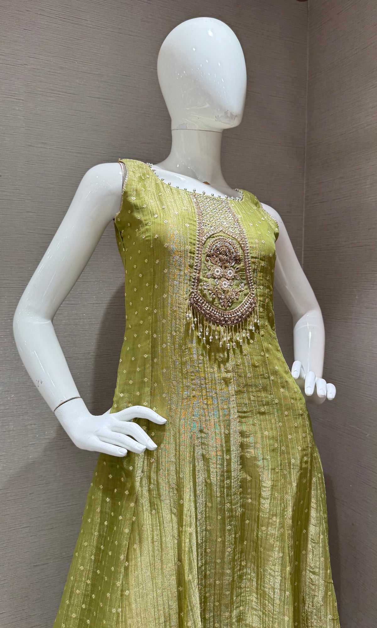 green tissue silk embroidered anarkali set with dupatta