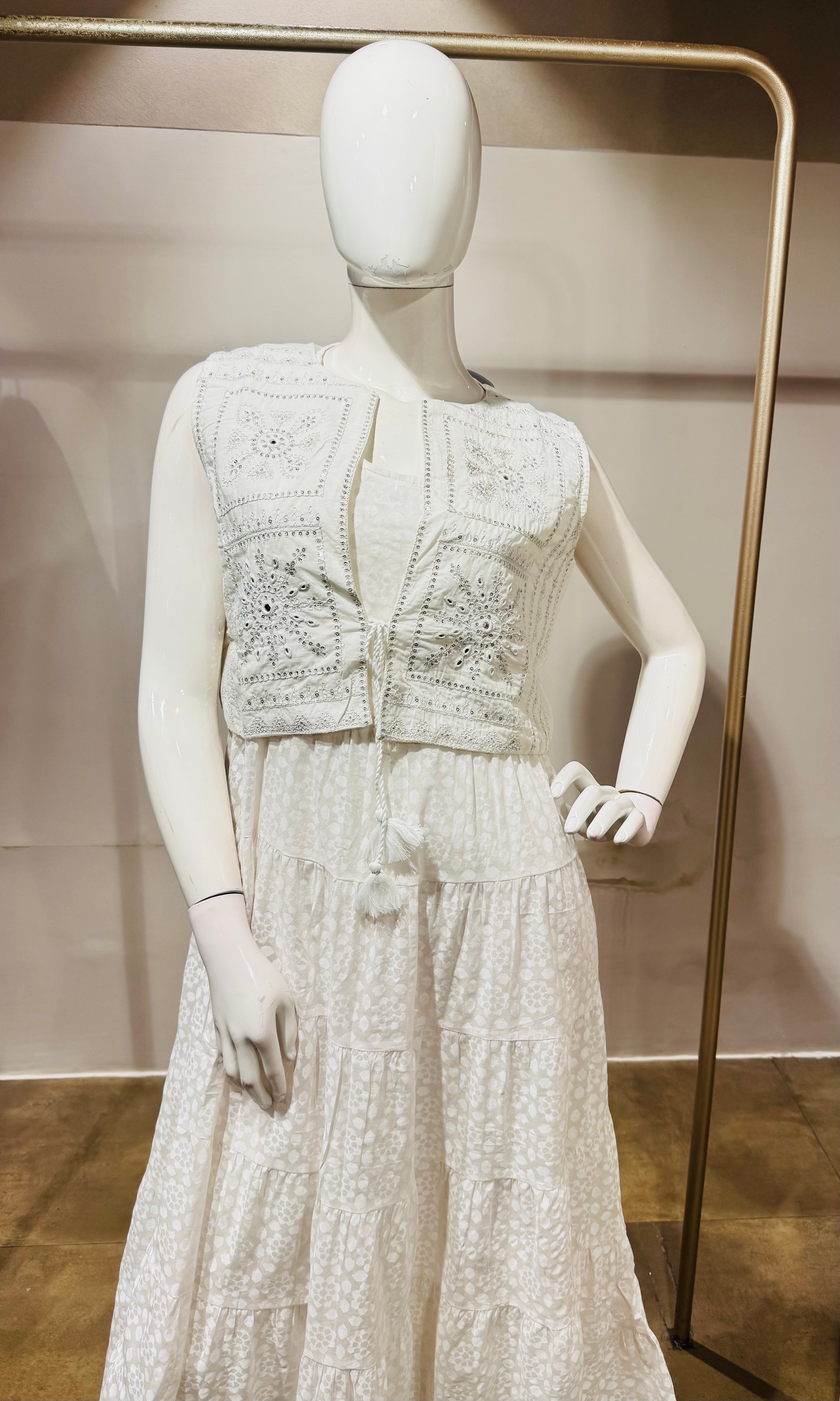 White Chikankari Embroidered frock with Cropped Jacket