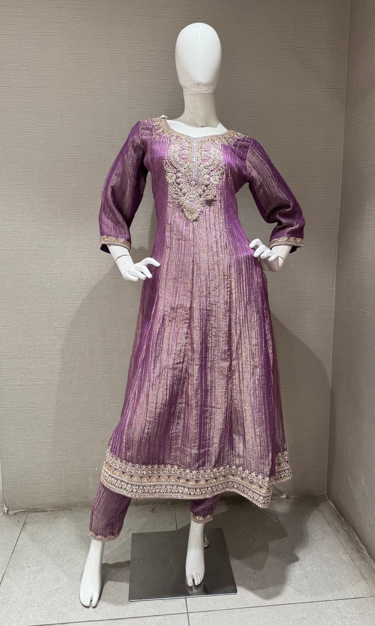 PURPLE TISSUE SILK EMBROIDERED ANARKALI SET WITH DUPATTA