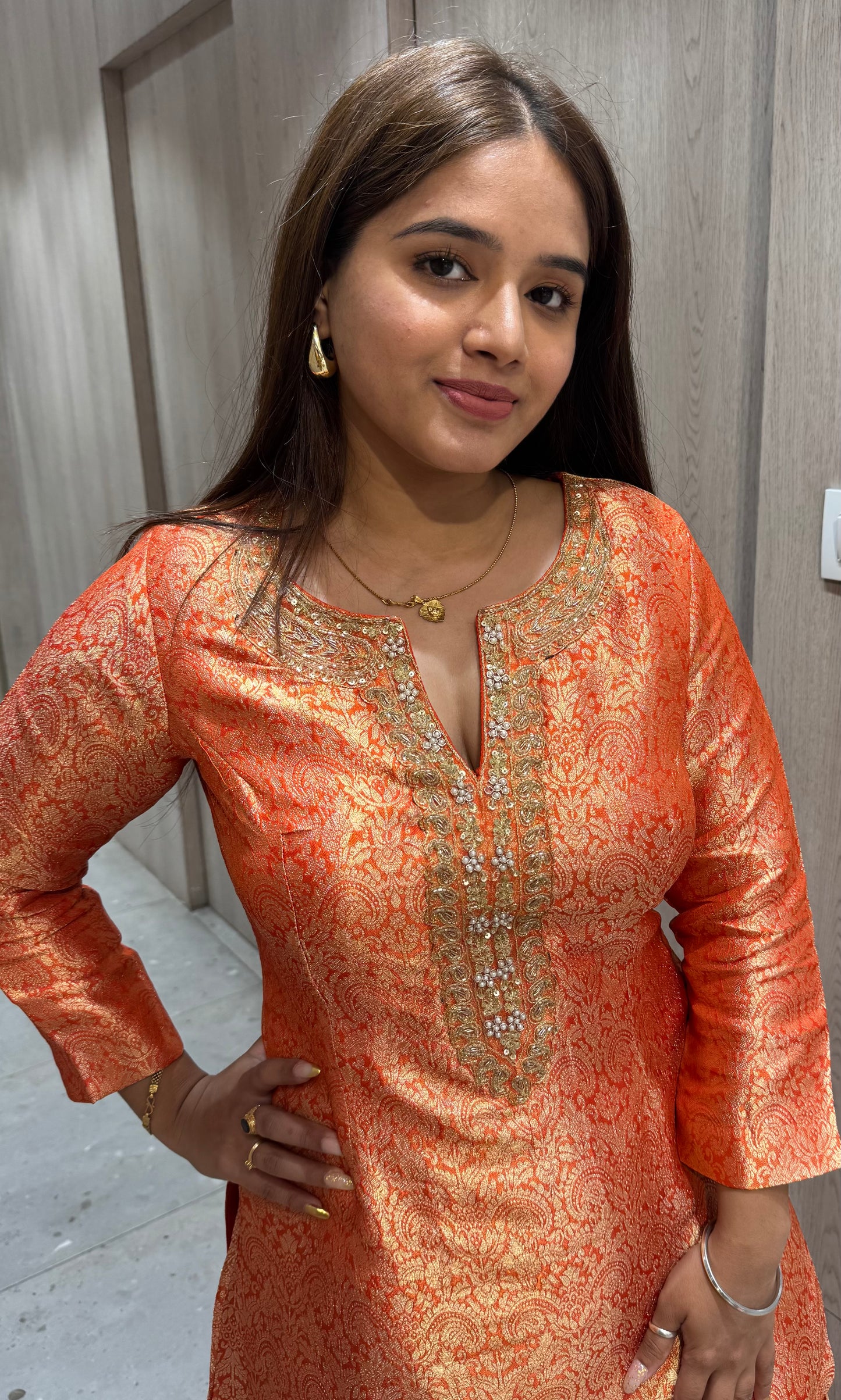Orange Banaras sharara with short kurti