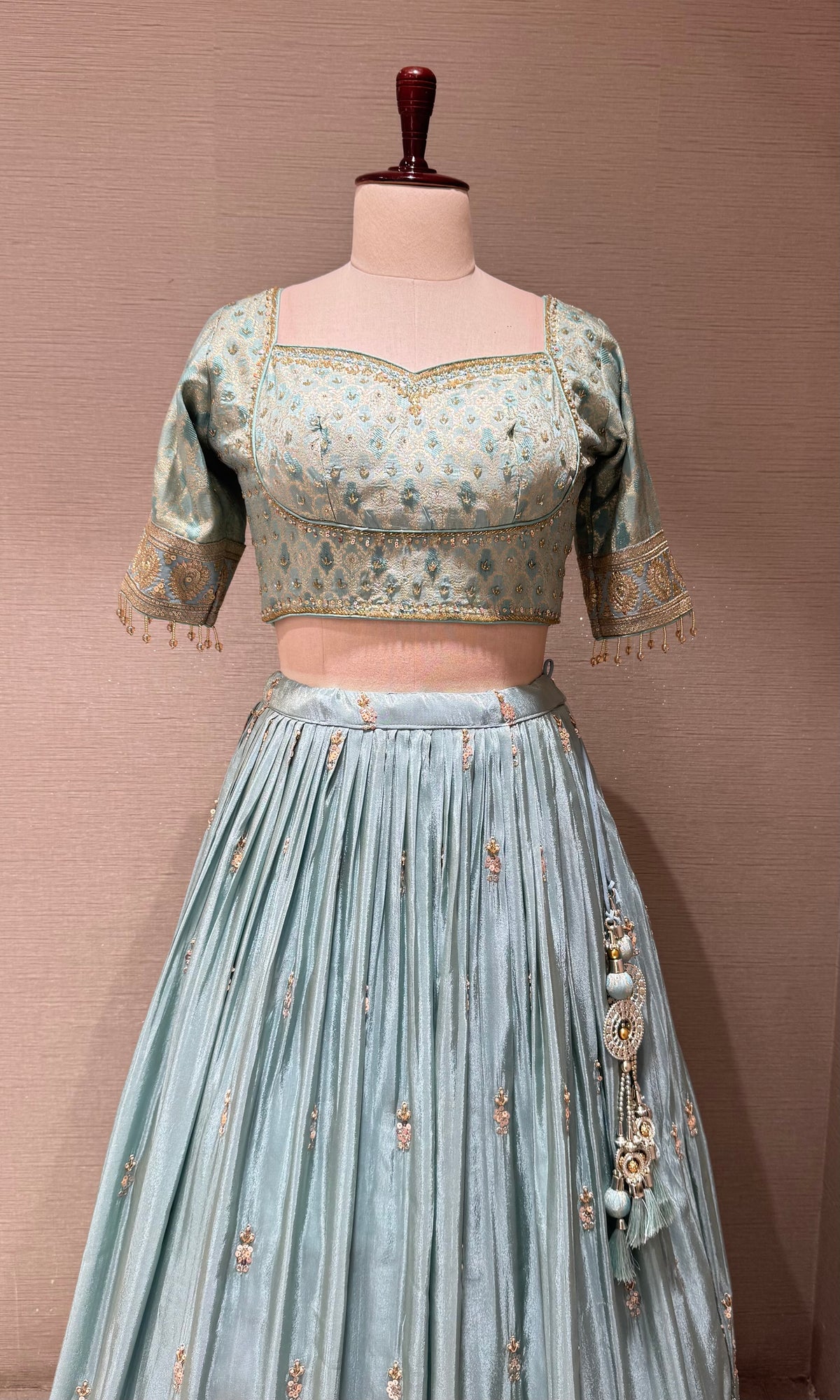 Light blue Sequins Embroidered Tissue Lehenga Choli