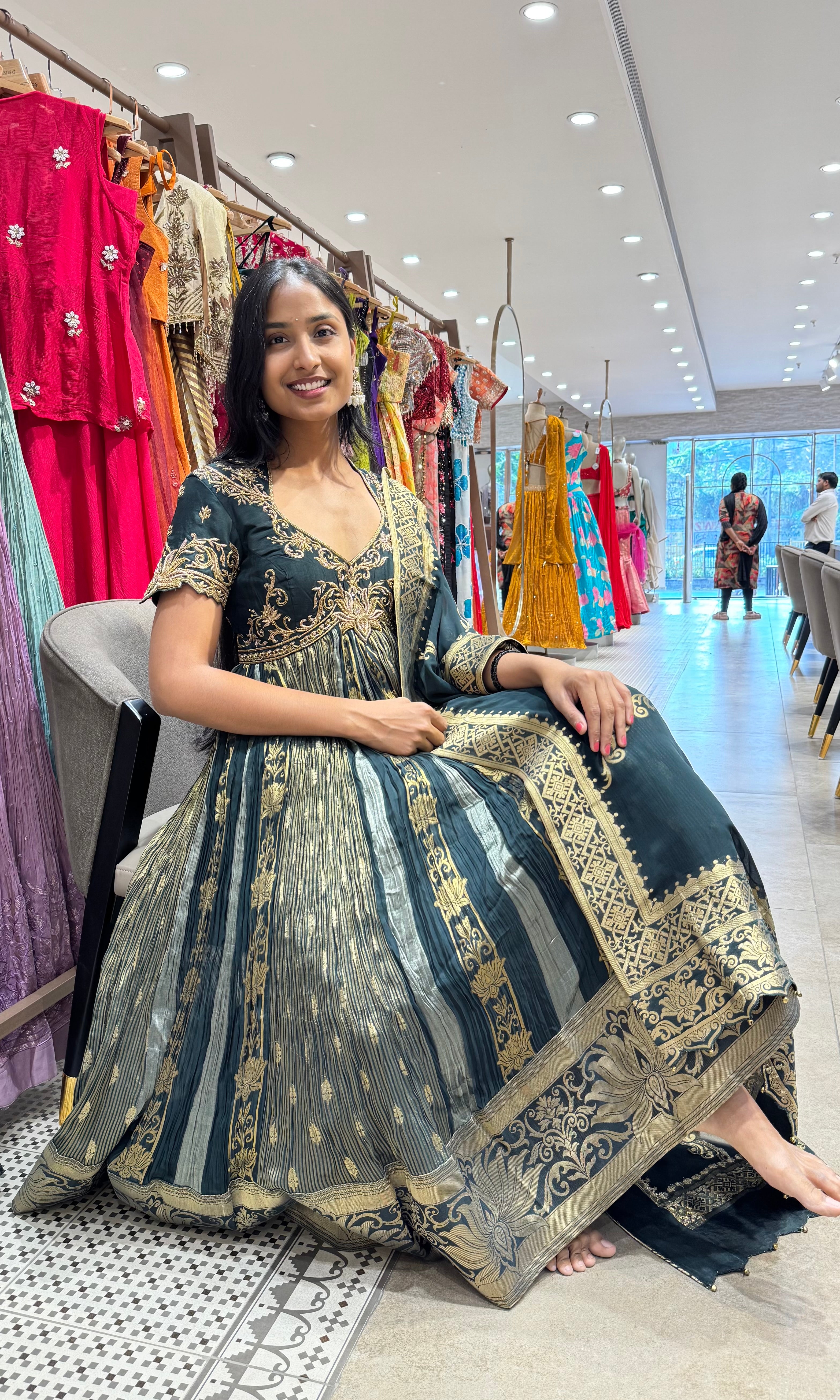 GREEN GOLDEN BANARASI ANARKALI SET