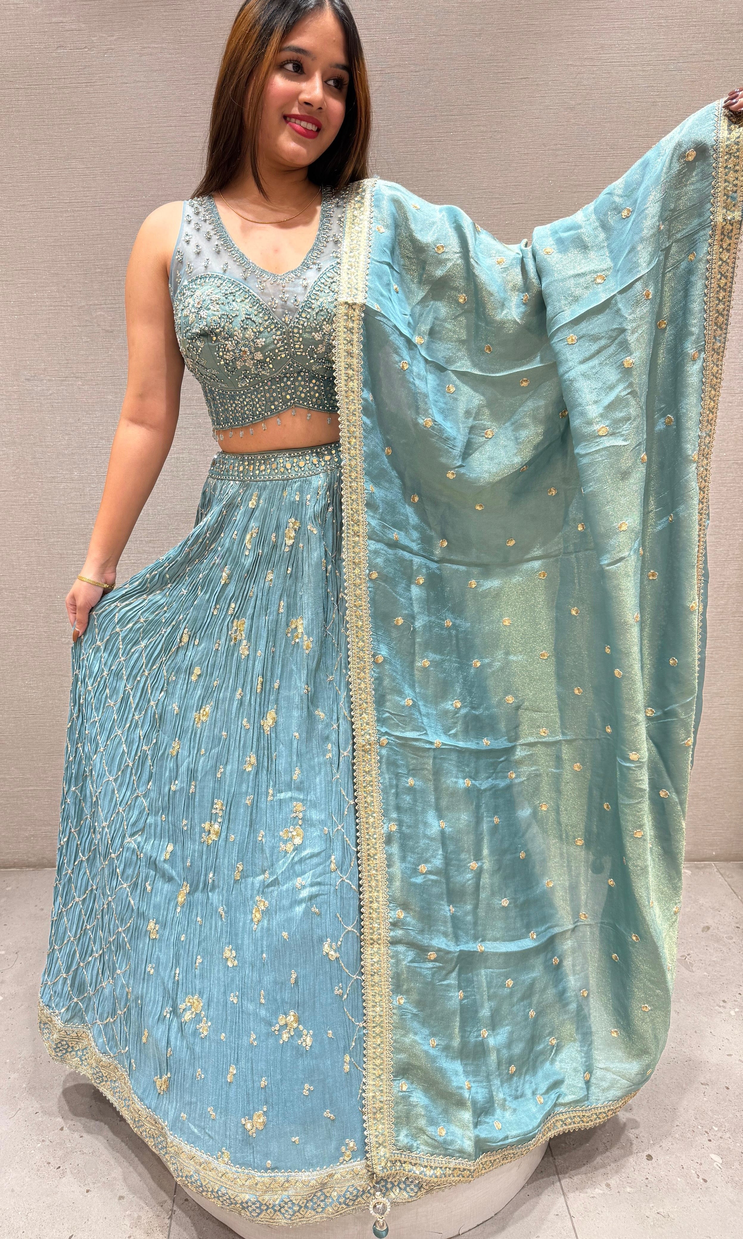 Blue tissue gold embroidered lehenga