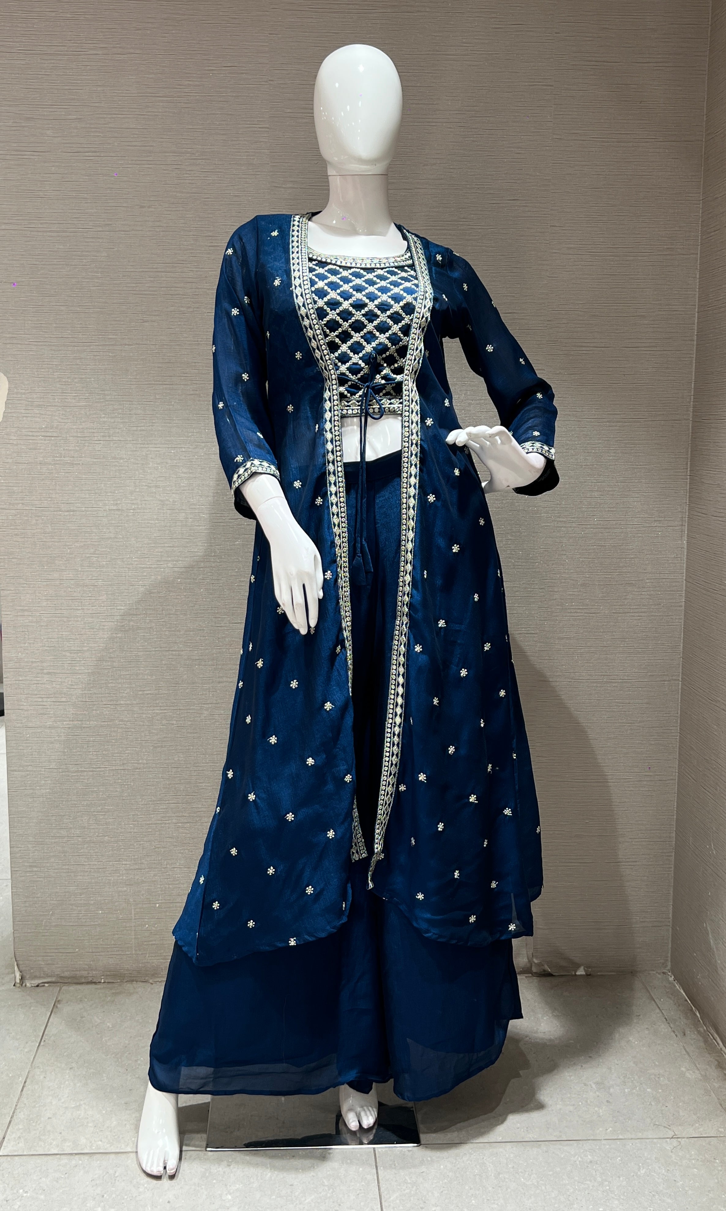 BLUE EMBROIDERED JACKET STYLE PALAZZO