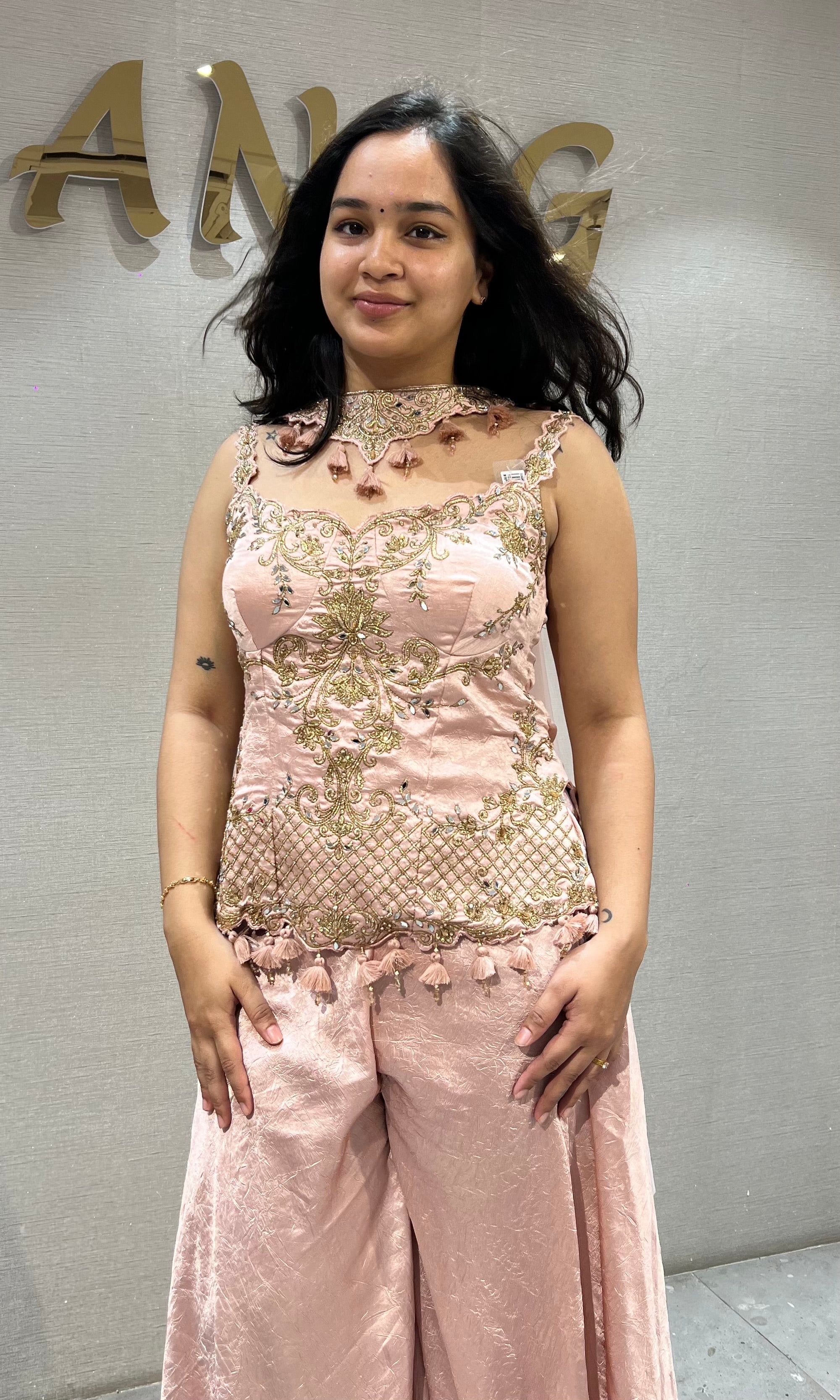 Baby Pink Satin Palazzo Ensemble with Gold Embroidery