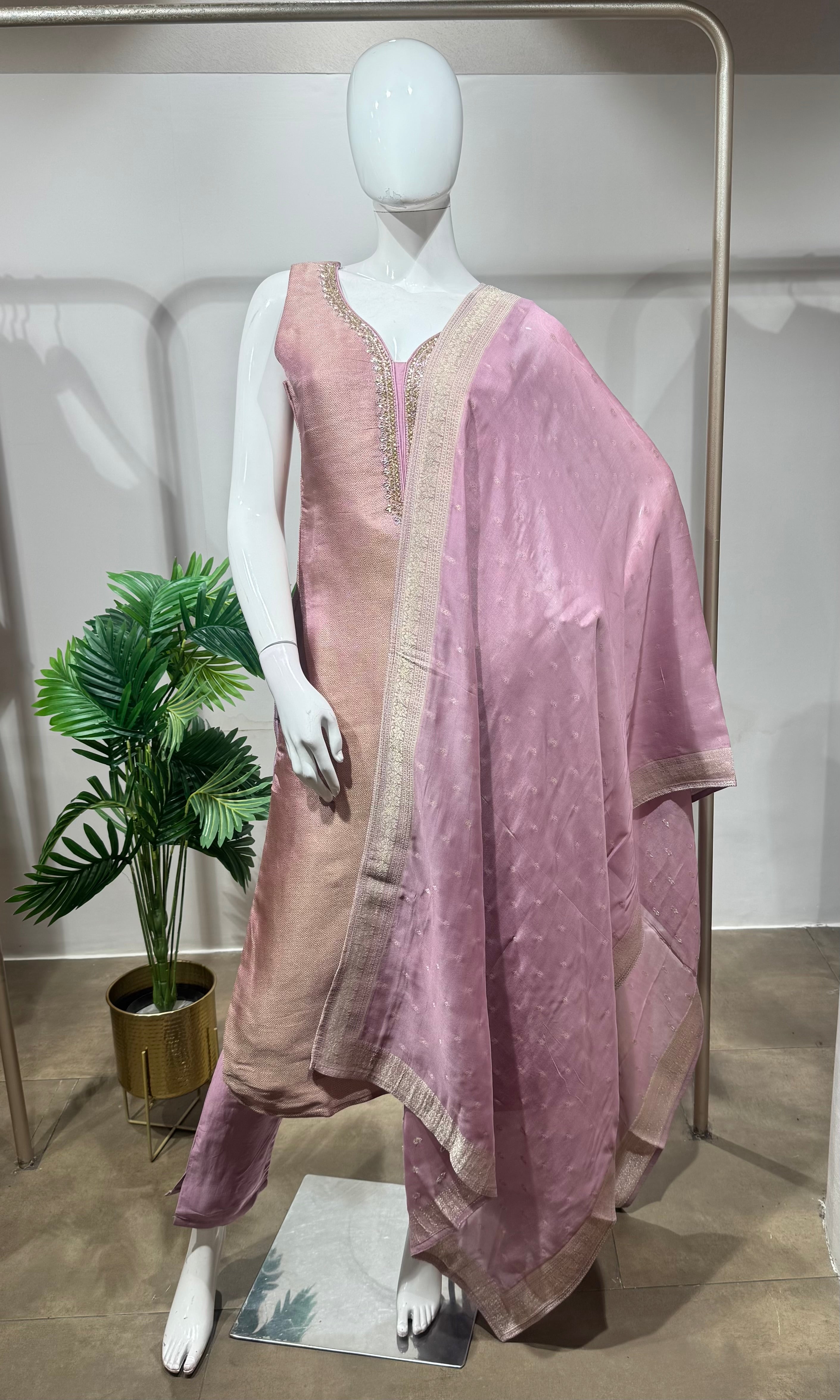 Pink Tissue embroidered Straight Cut