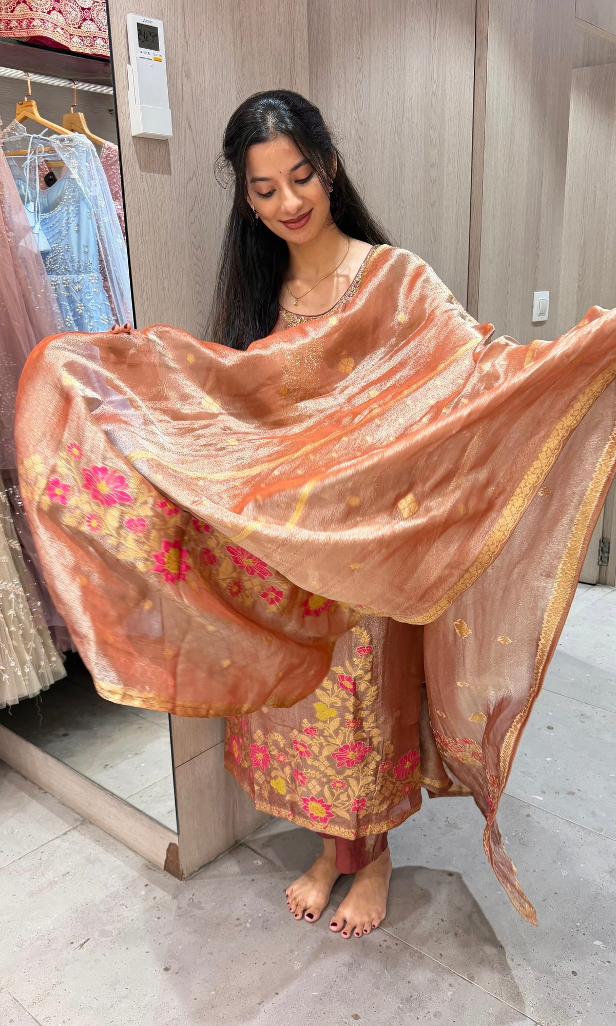 Rust floral Tissue Silk Banarasi kurta Set with dupatta