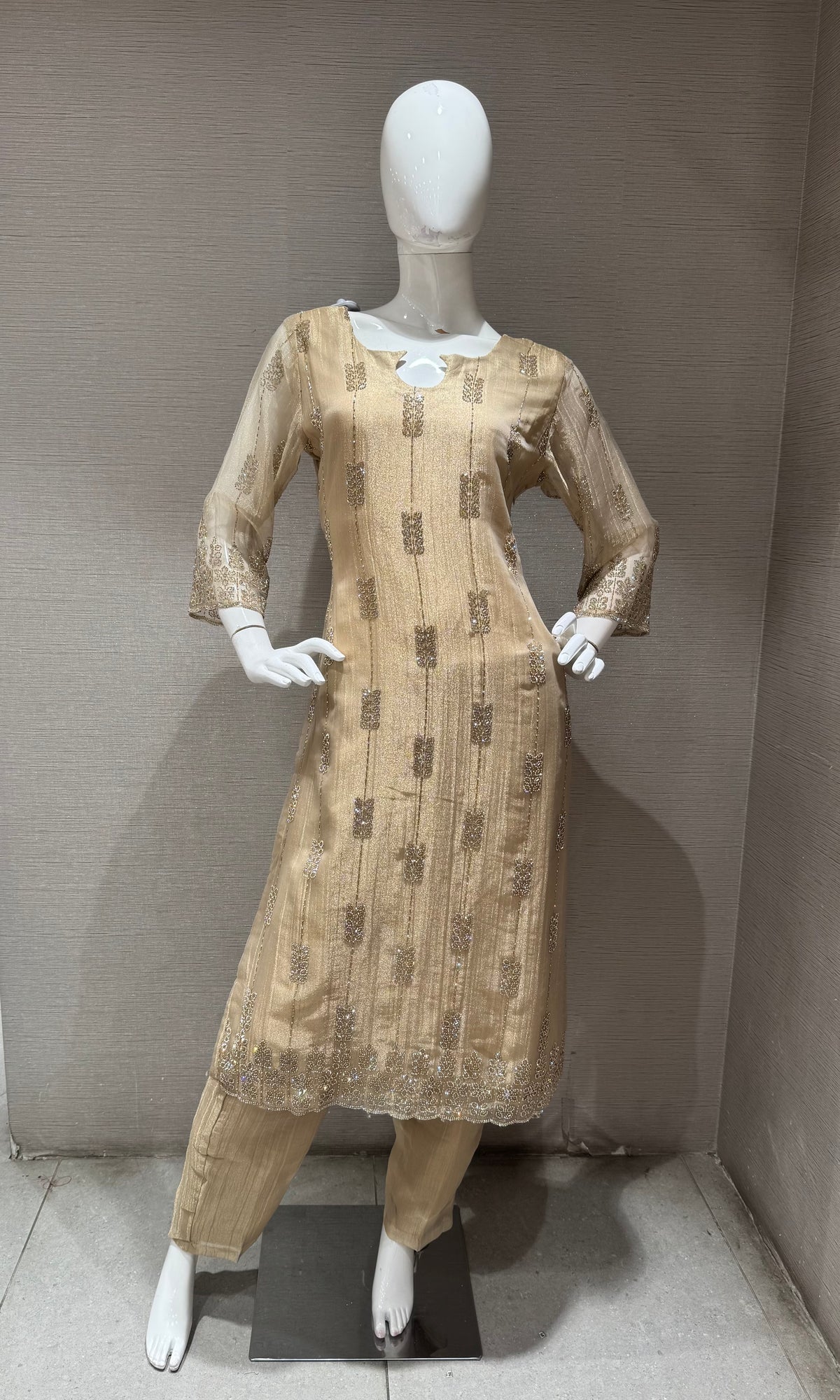 Beige Tissue silk embroidered kurta set with dupatta