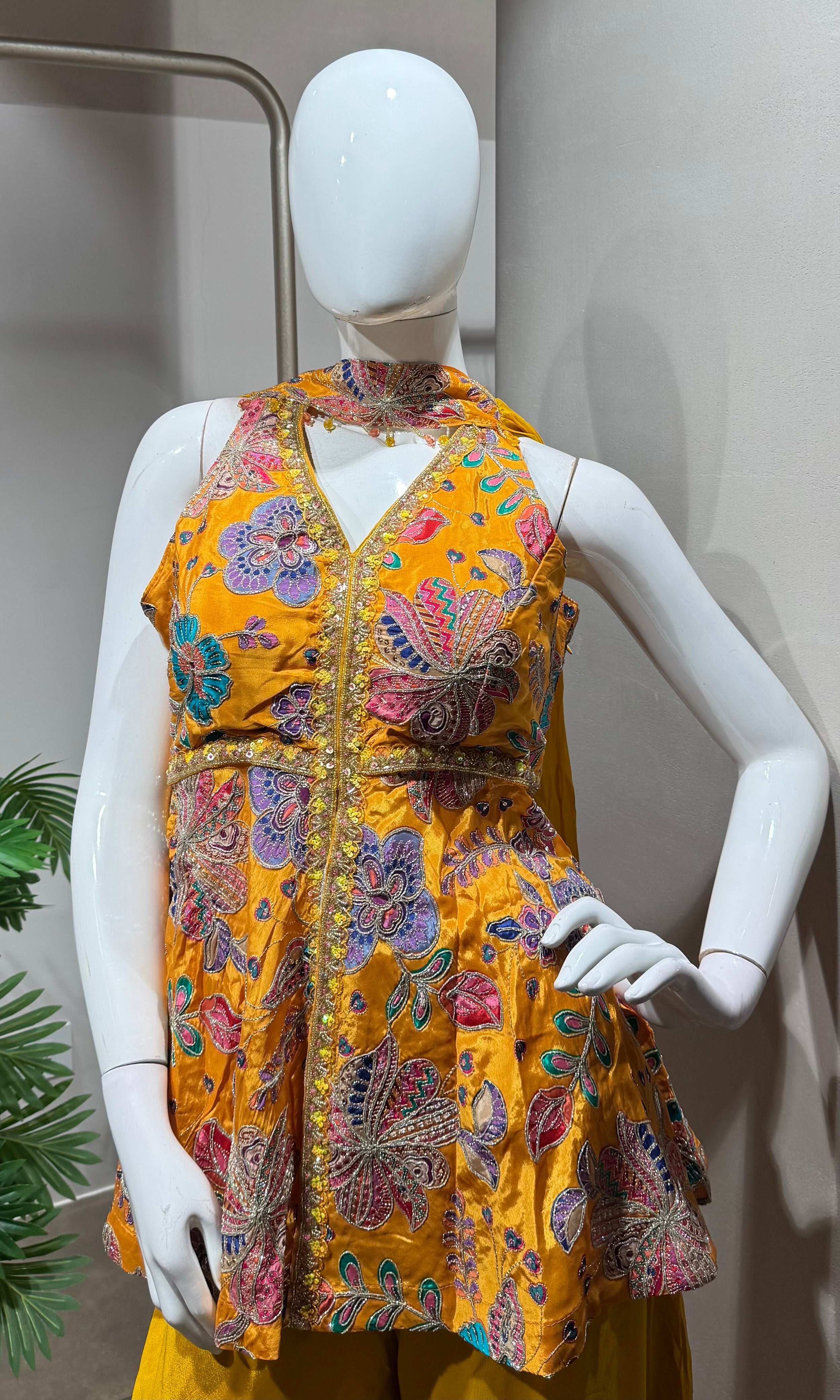 yellow embroidered peplum palazzo set