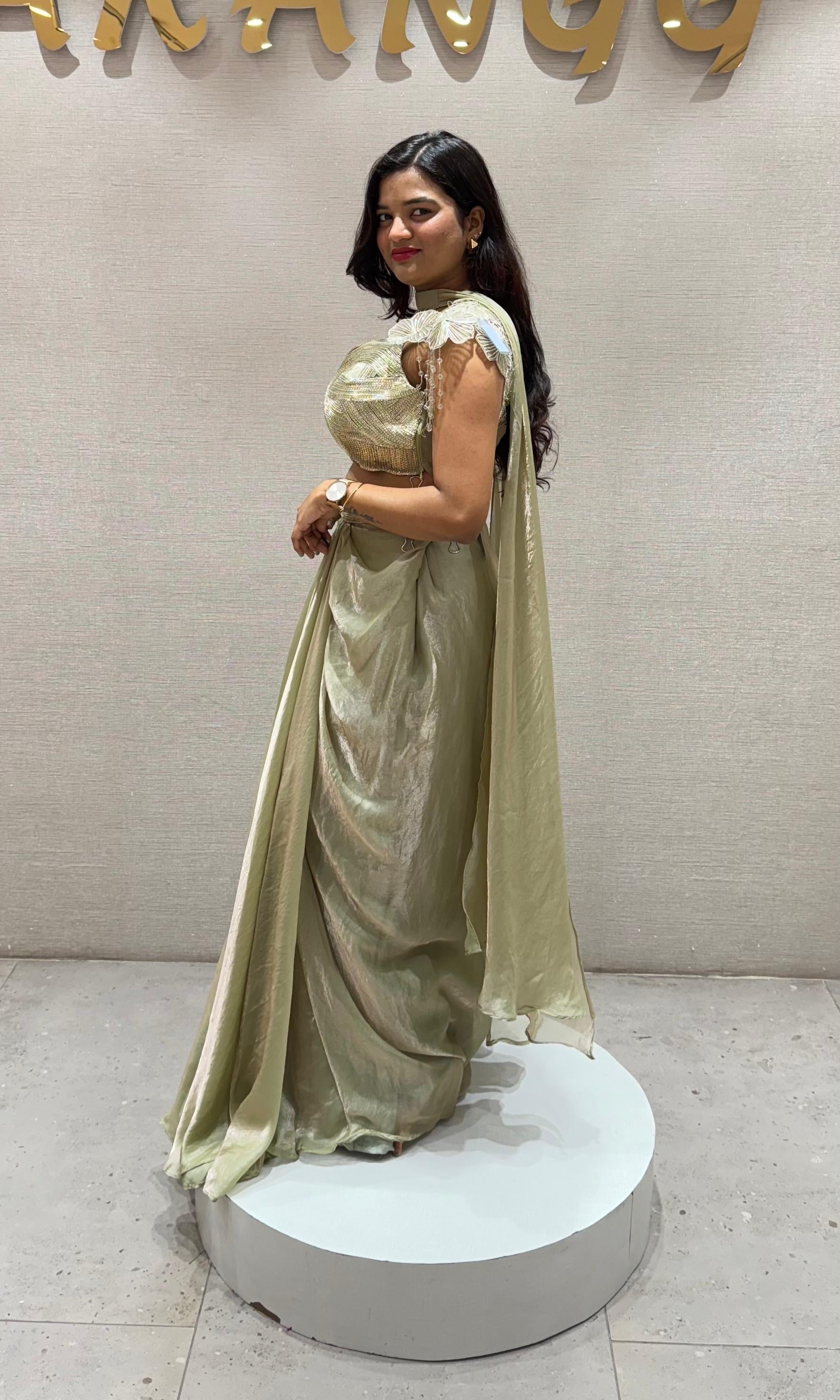 GREEN draped SKIRT with embellished blouse