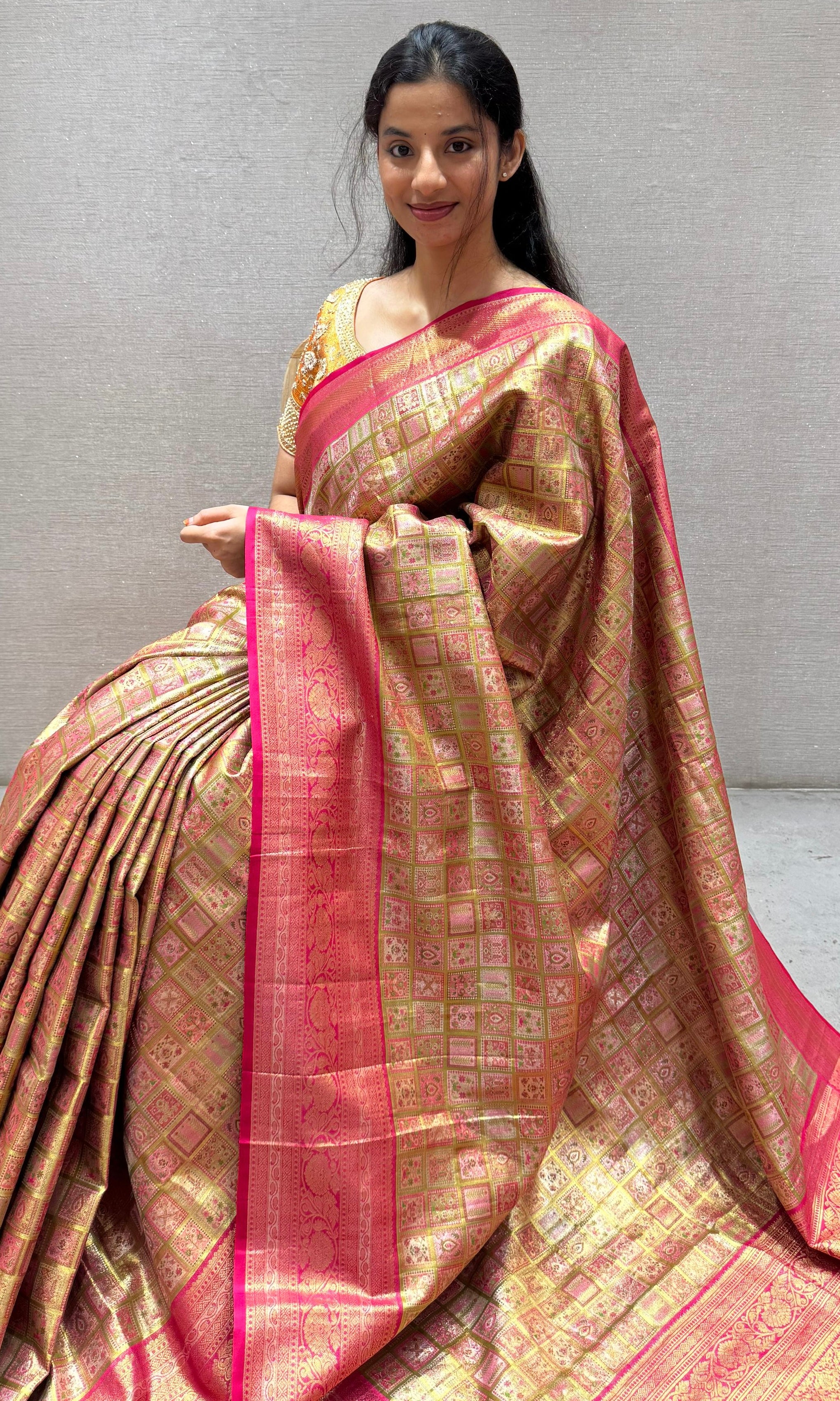 Pink saree with ready blouse