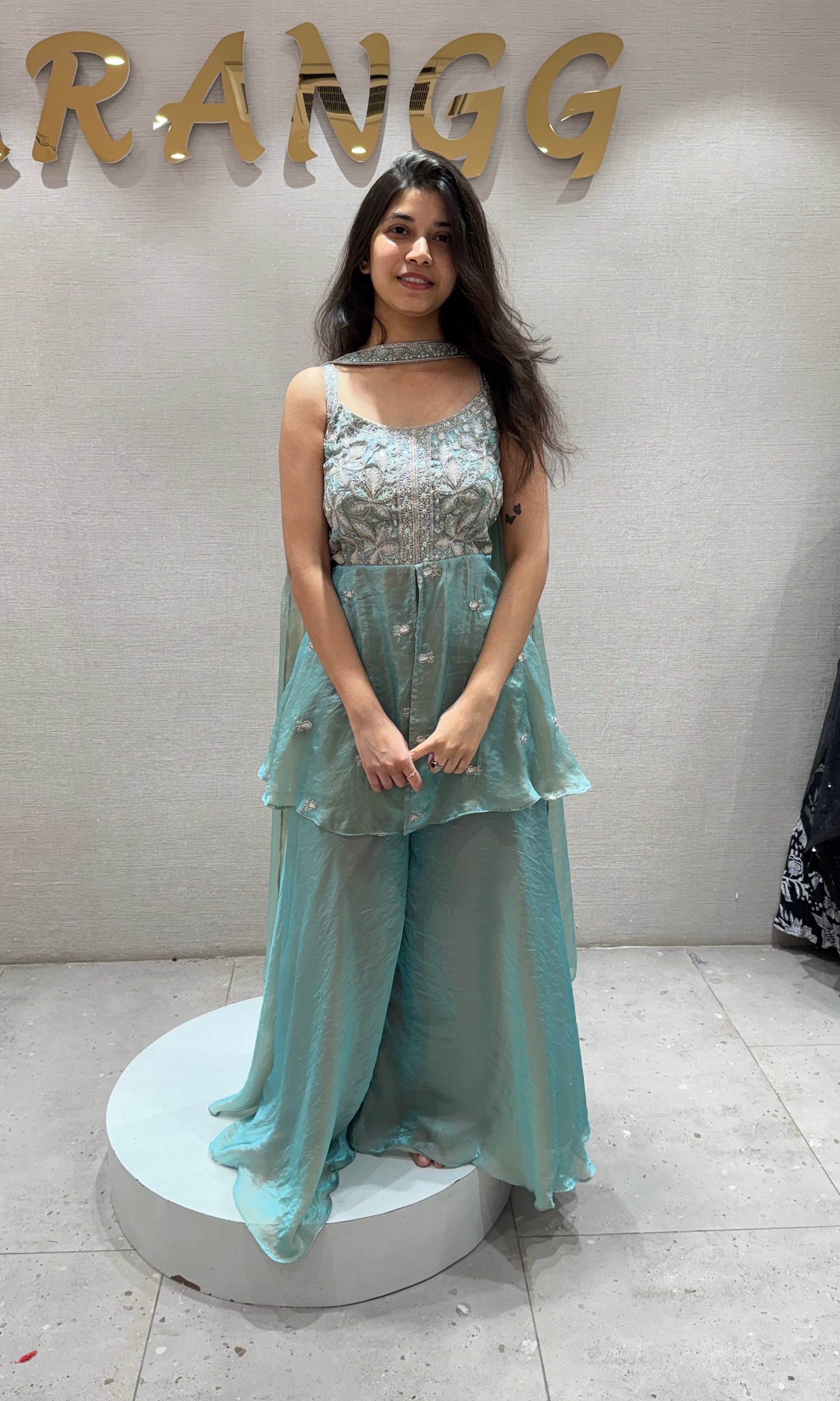 Sea blue embroidered peplum palazzo set