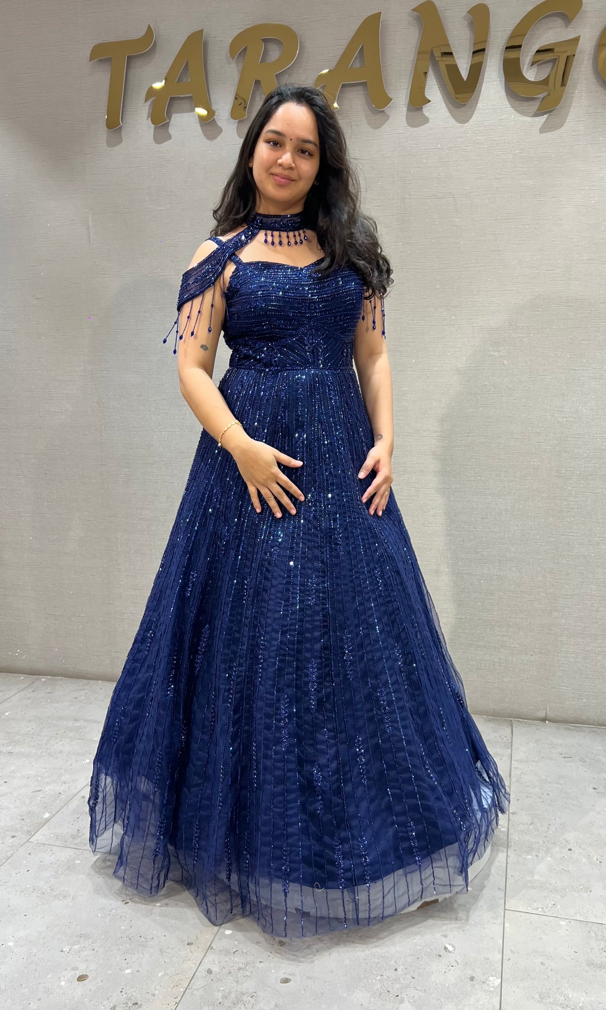 Royal Blue Halter Neck Ballgown with Sheer Cap Sleeves