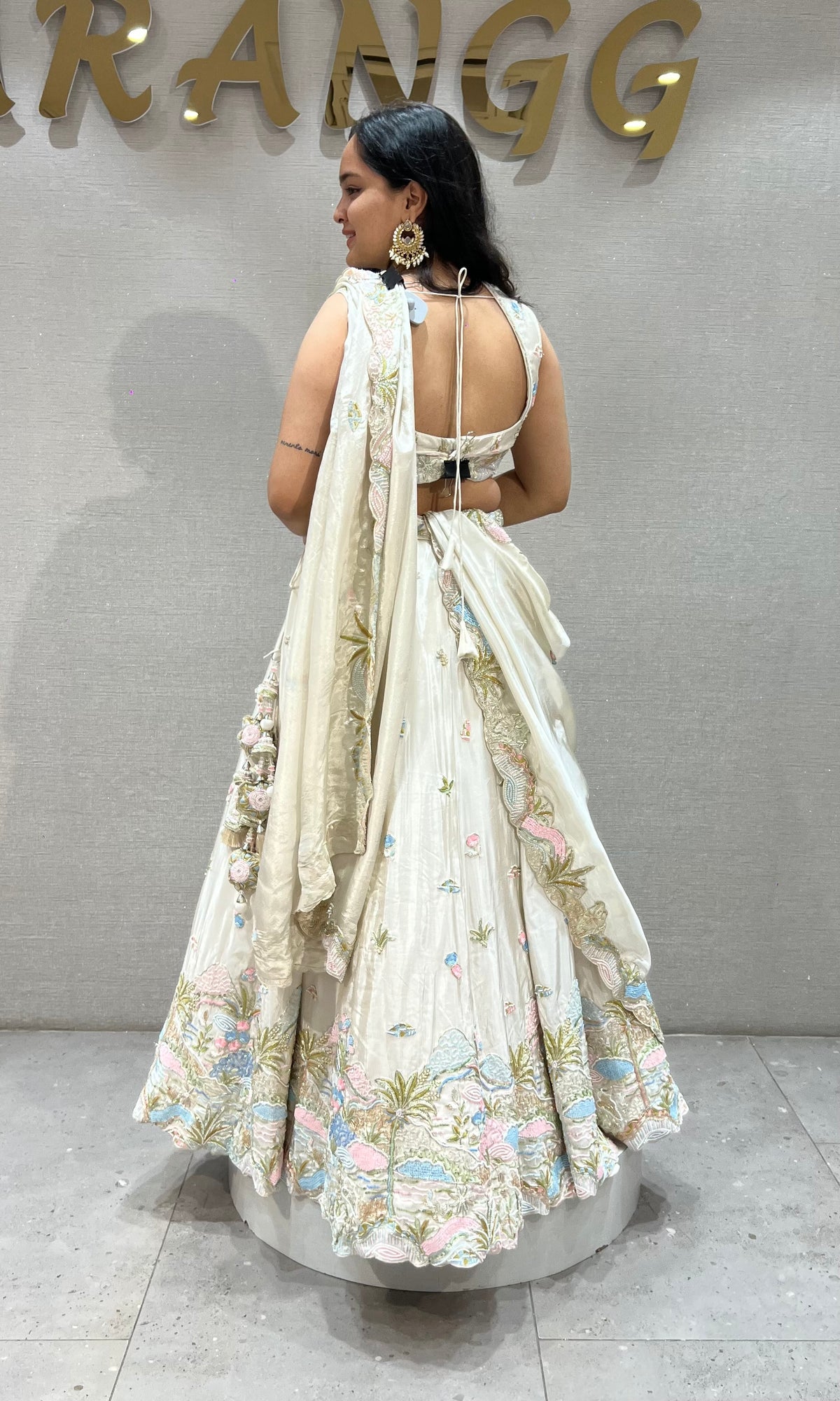 Cream Pastel Floral Embroidered Lehenga Set