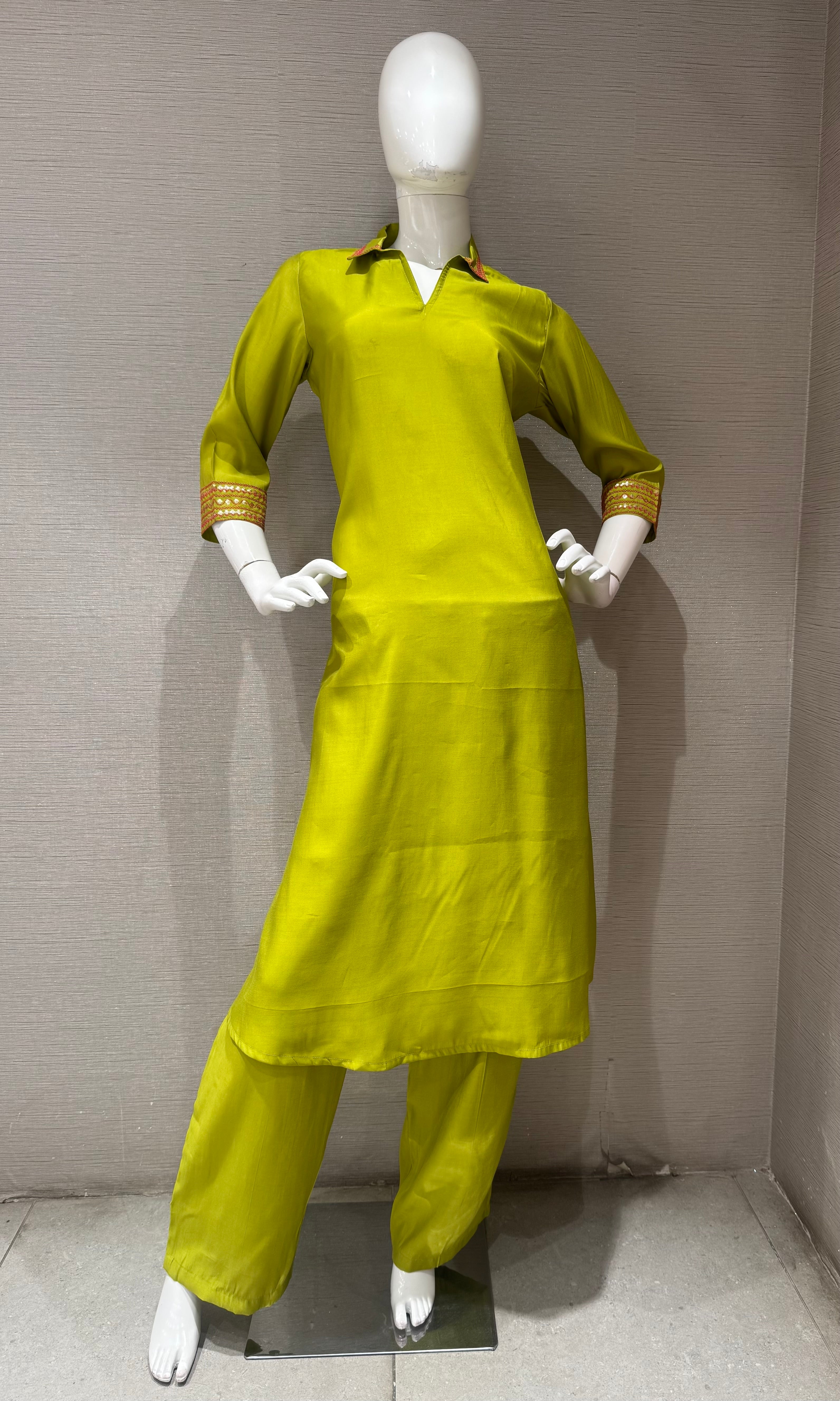 Lime Green Collar Neck Kurti with bottom