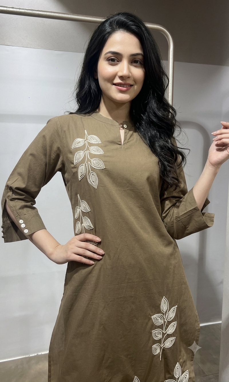 Beige Leaf Cotton Kurta Set with Tassel Dupatta