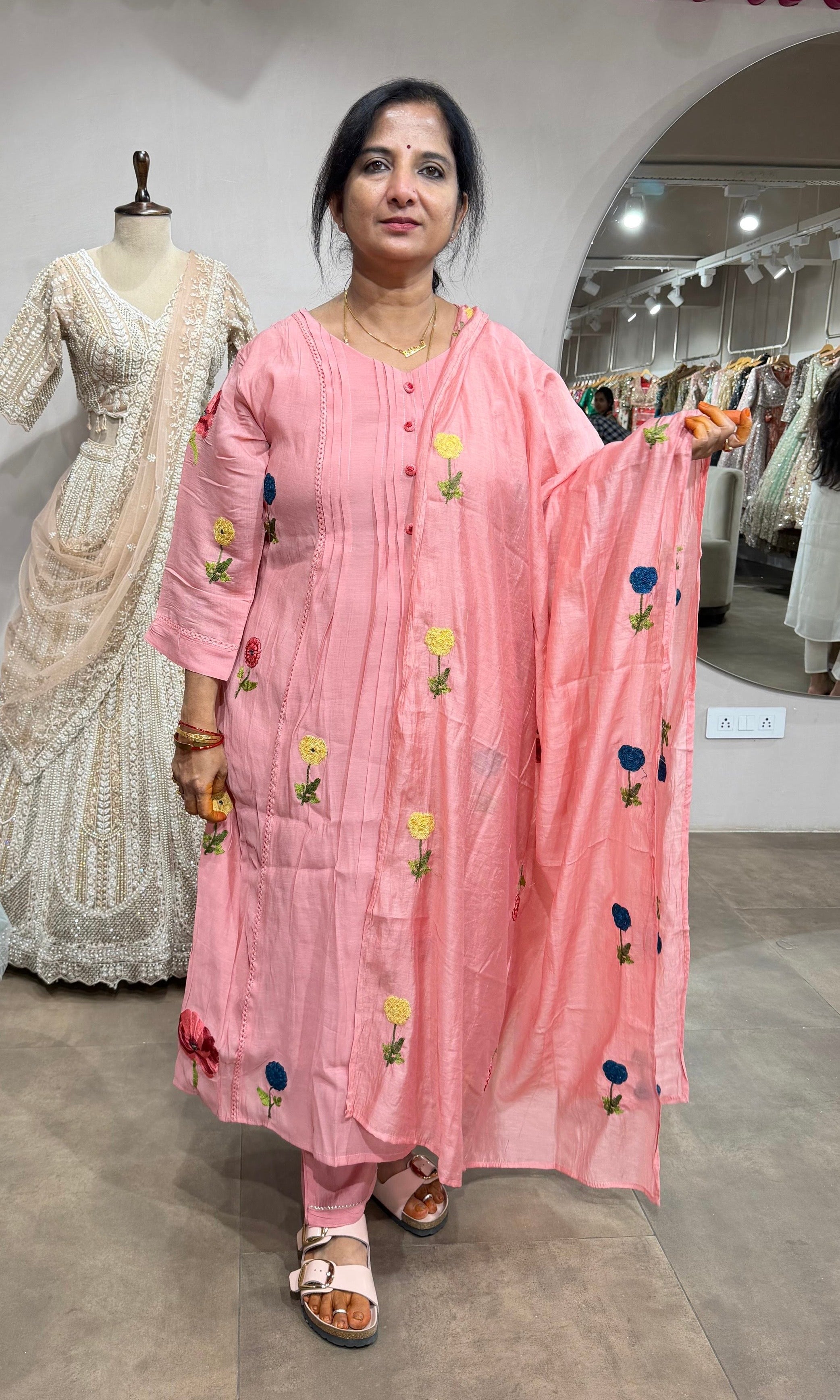 Baby Pink Floral Kurta Pant Set with Dupatta