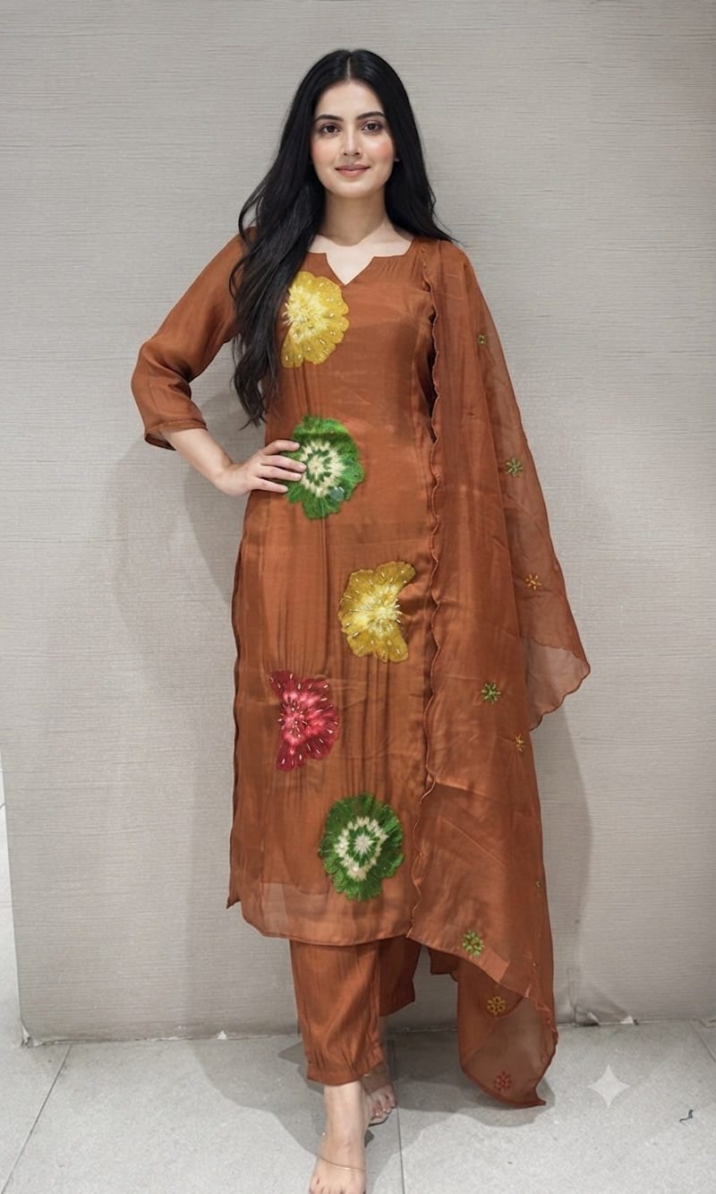 Brown cotton silk Floral Motif Kurta set with dupatta