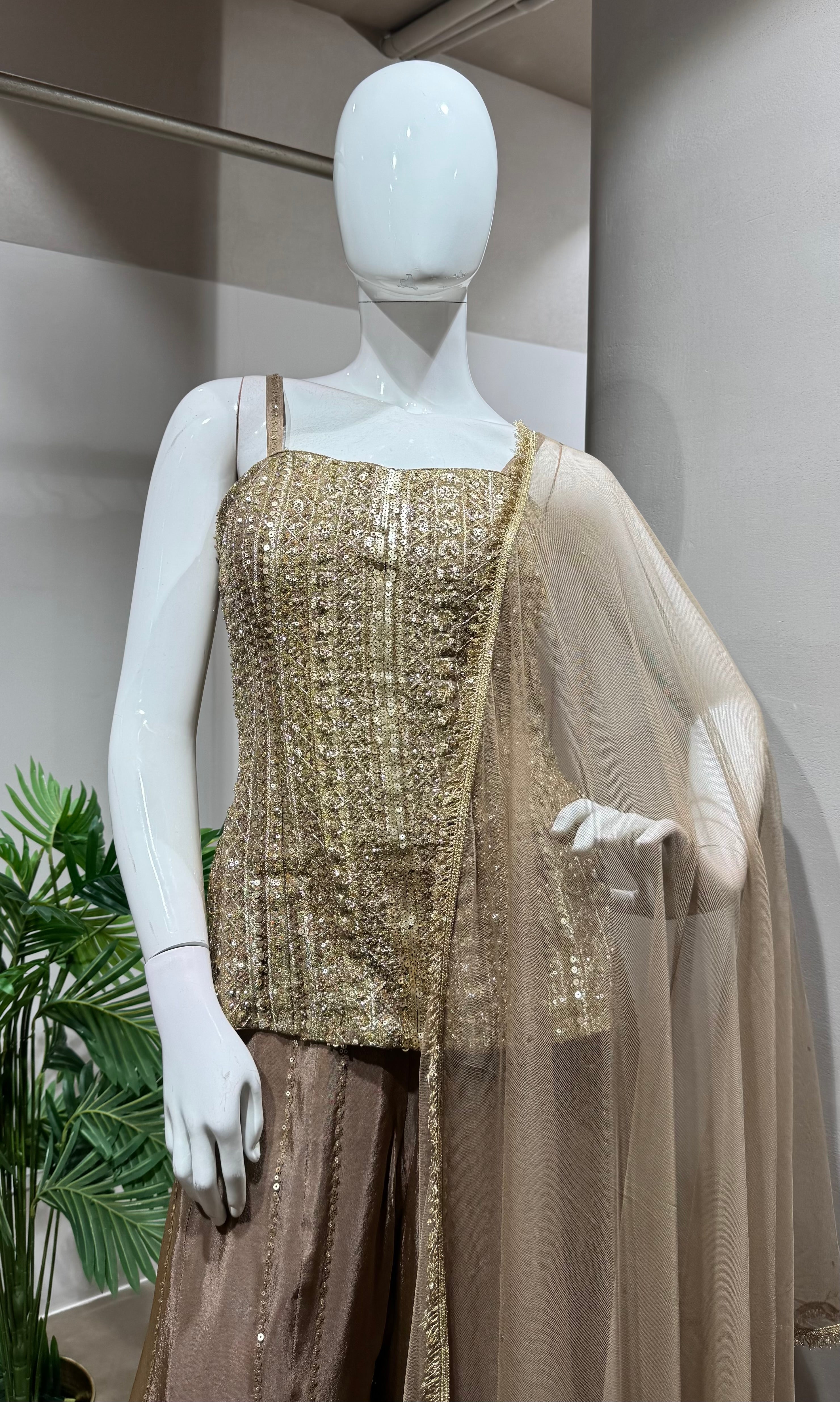 gold mirror work embroidered sharara set