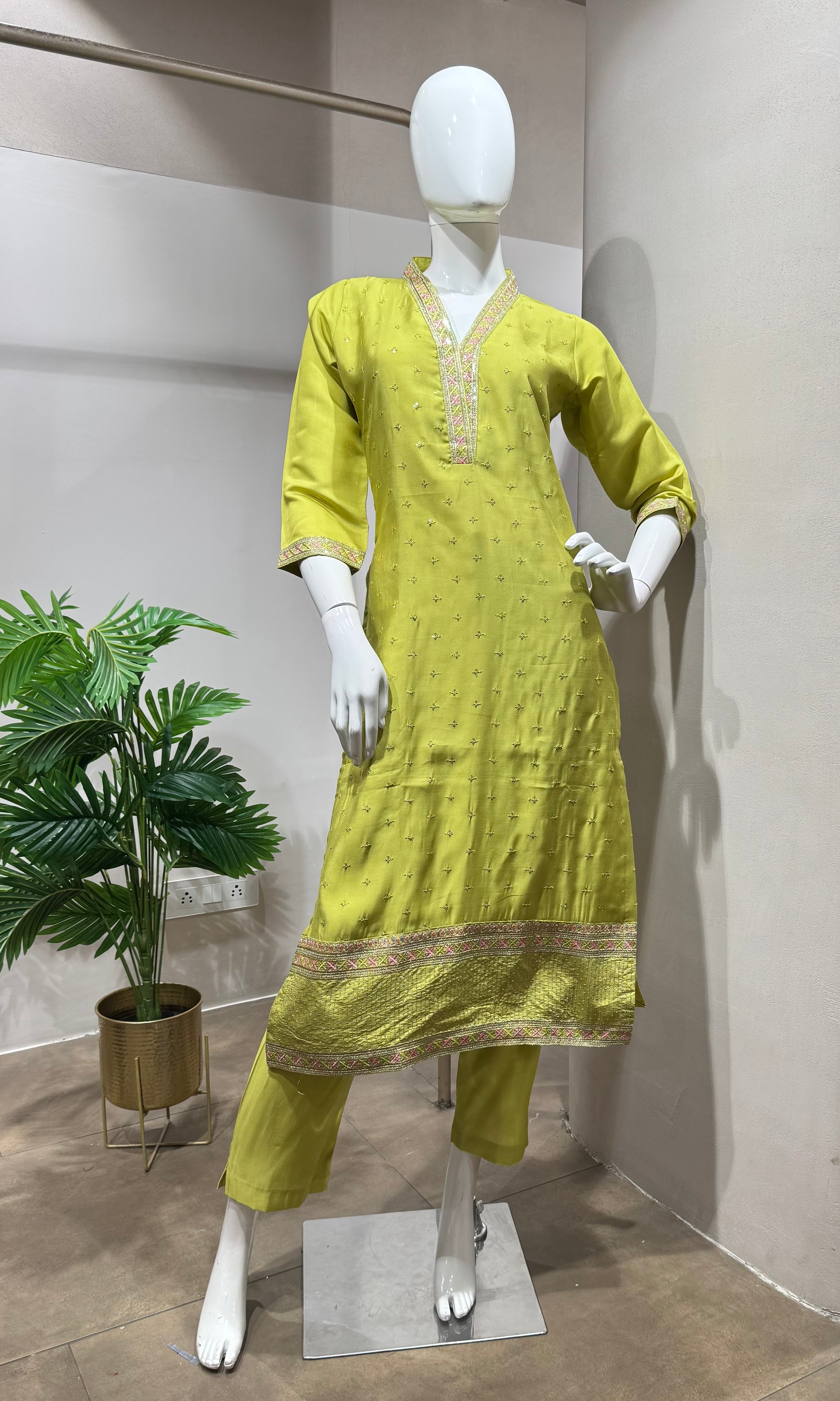 green embroidered straight kurta set