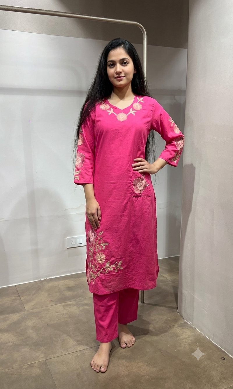 PINK Silk Kurta set with Rose Embroidery