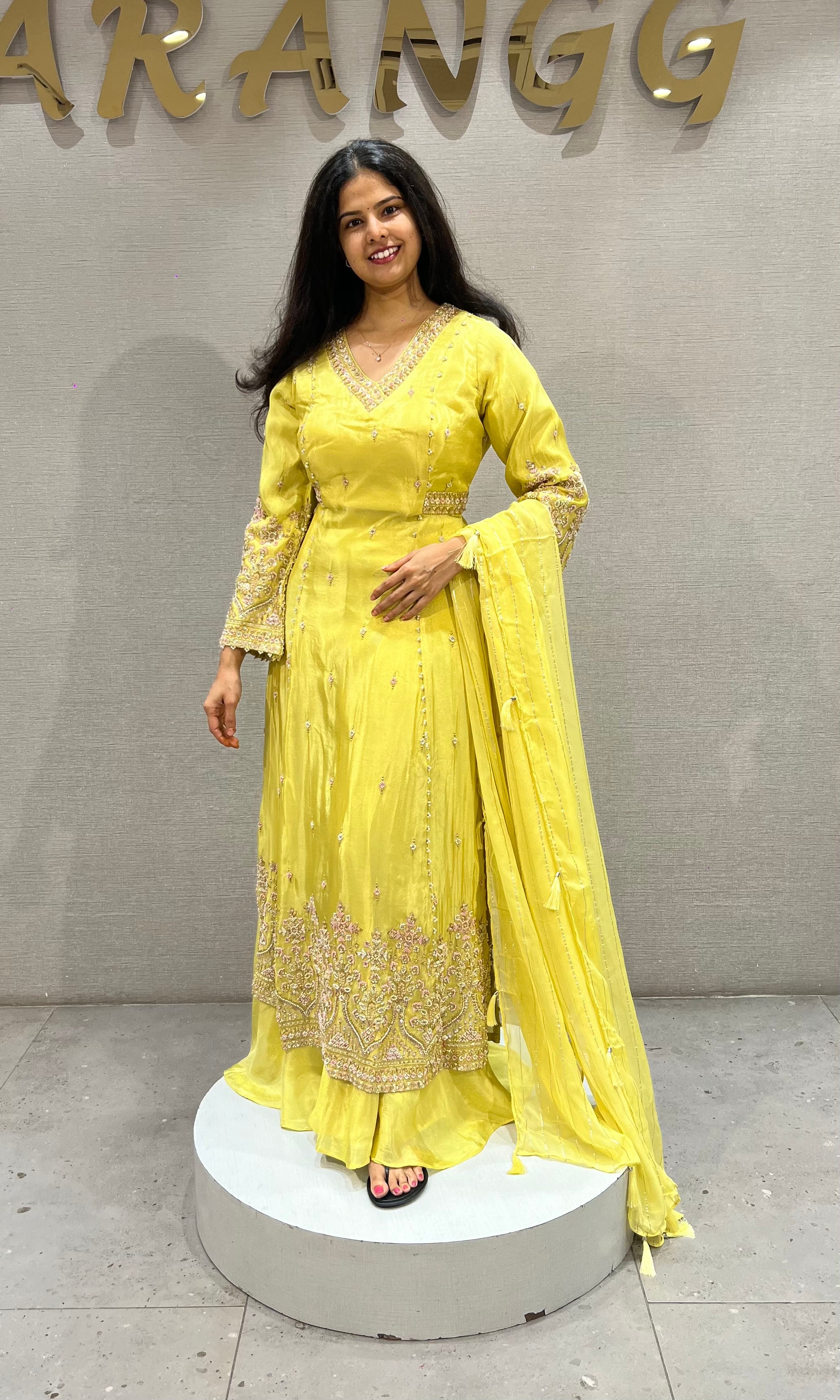 Yellow Shimmer silk Golden Zari Ethnic Naira cut palazzo set