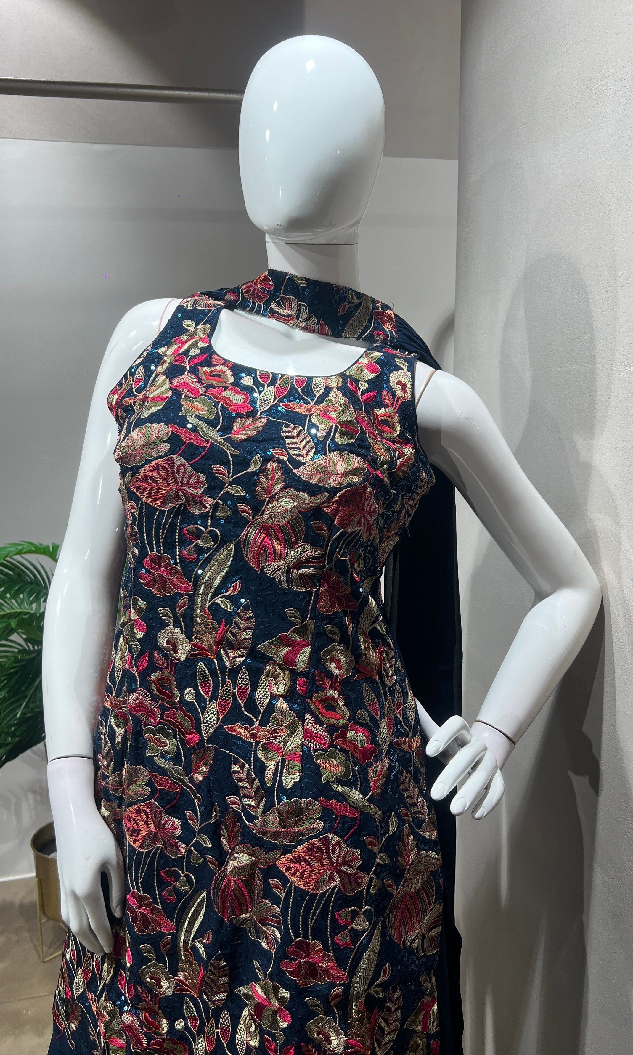 Navy Blue Floral Georgette Sharara Set