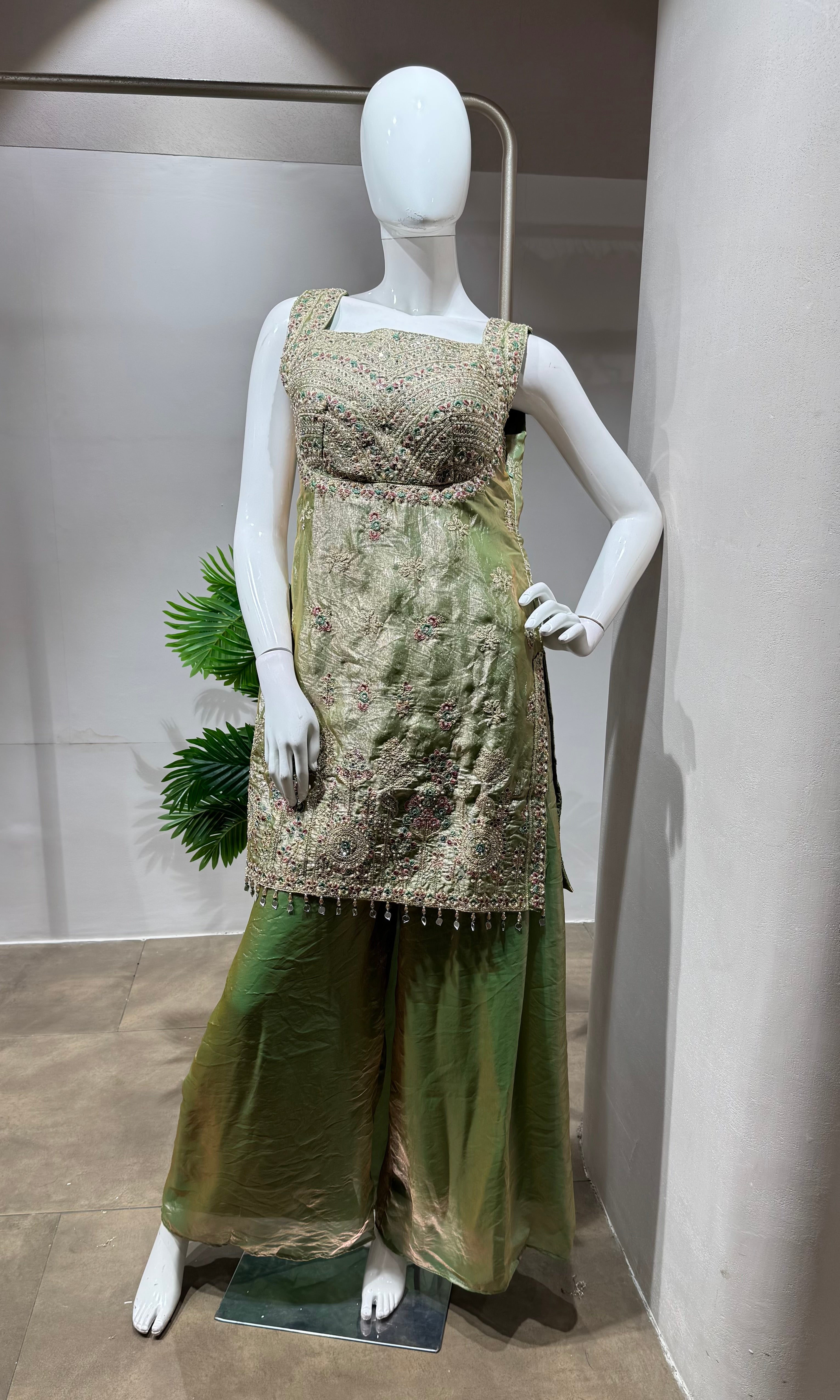 GREEN golden embroidered silk sharara set
