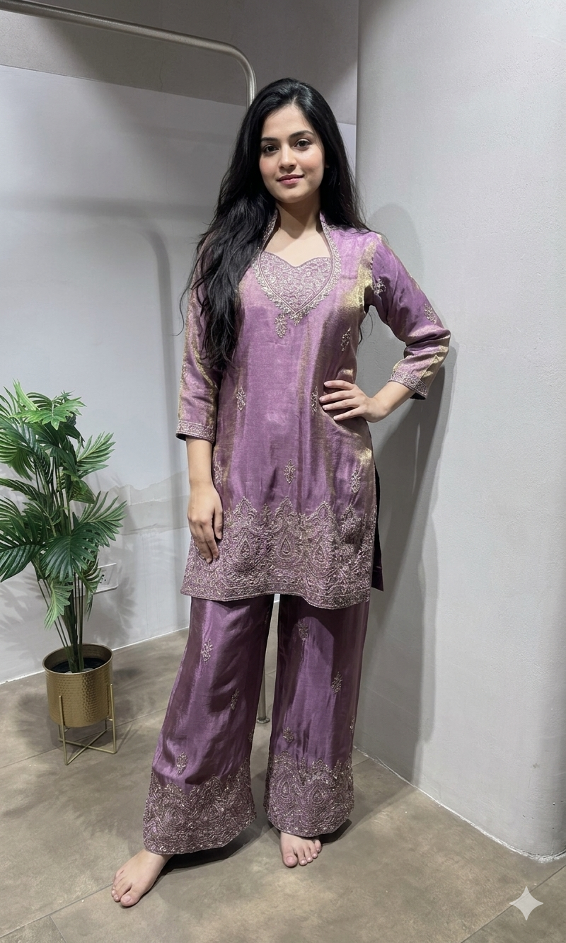 Purple shimmer tissue salwar with farsi pants