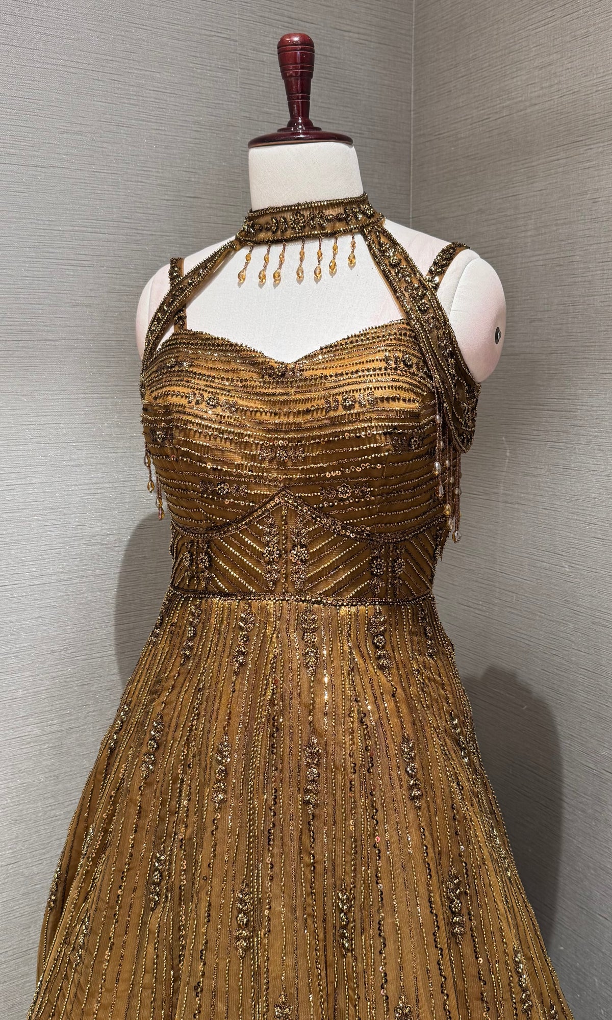 Brown Halter Neck Ballgown with Sheer Cap Sleeves