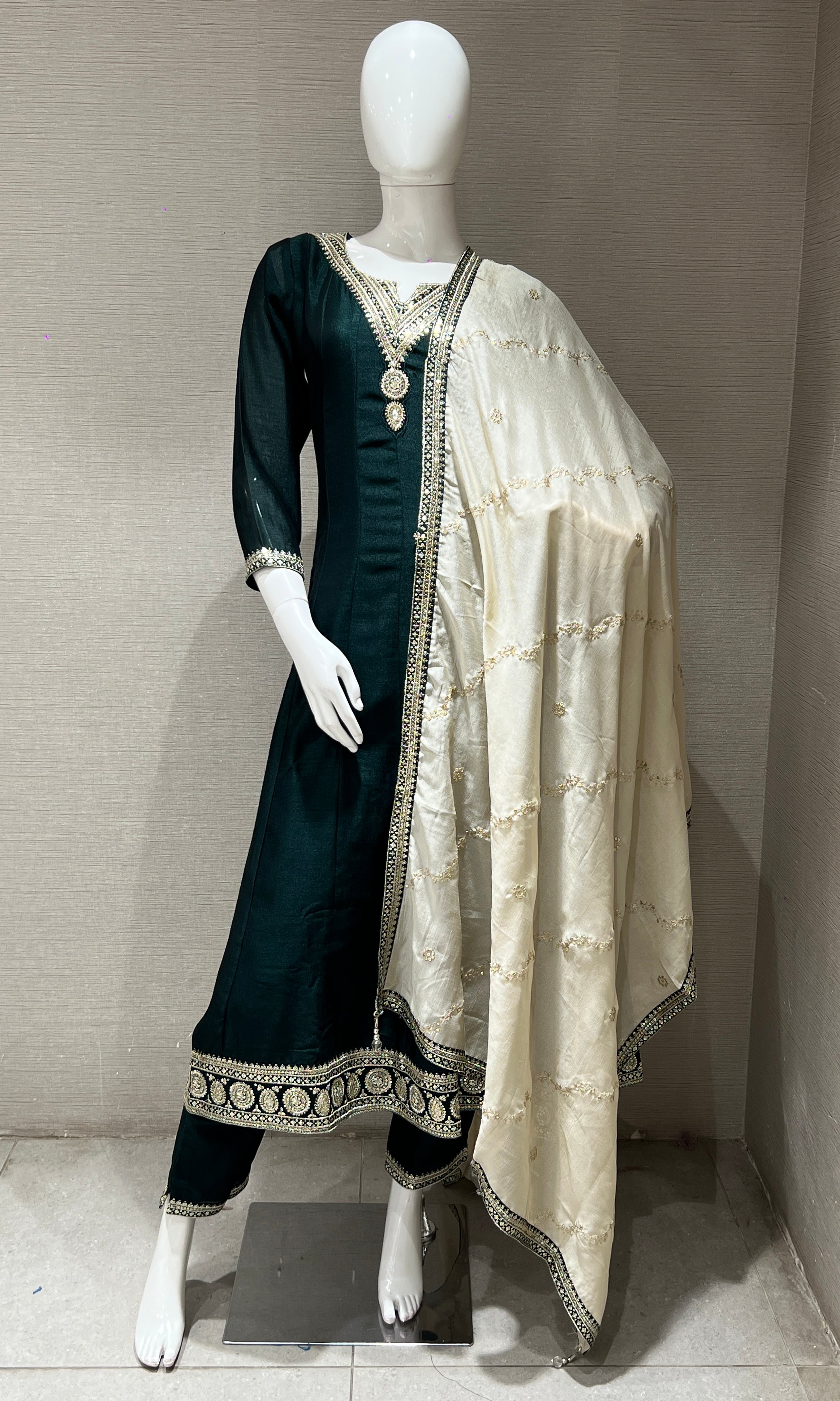 Bottlle Green kurta set with cream dupatta