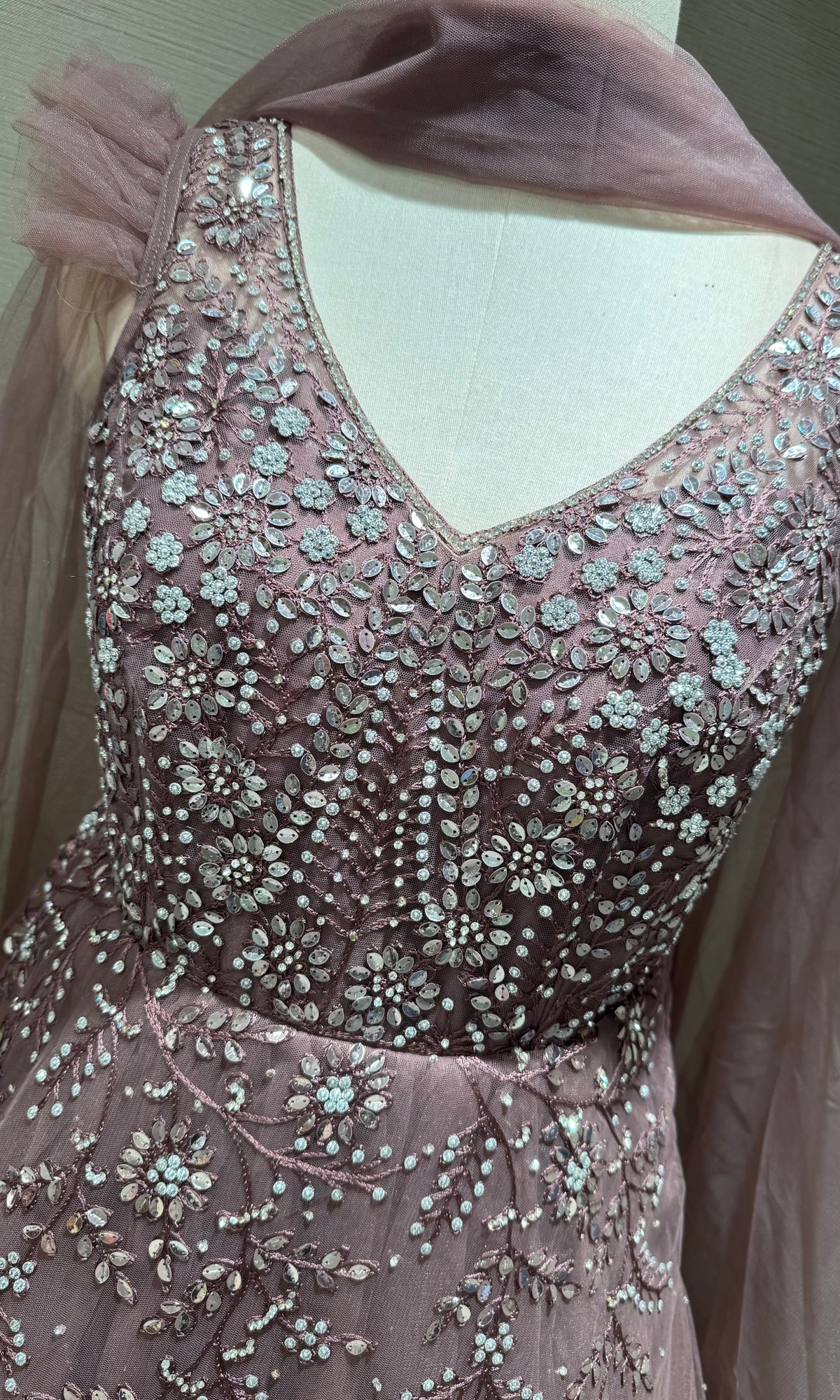 Mauve Ethereal Rose Tulle Gown with Matching Dupatta
