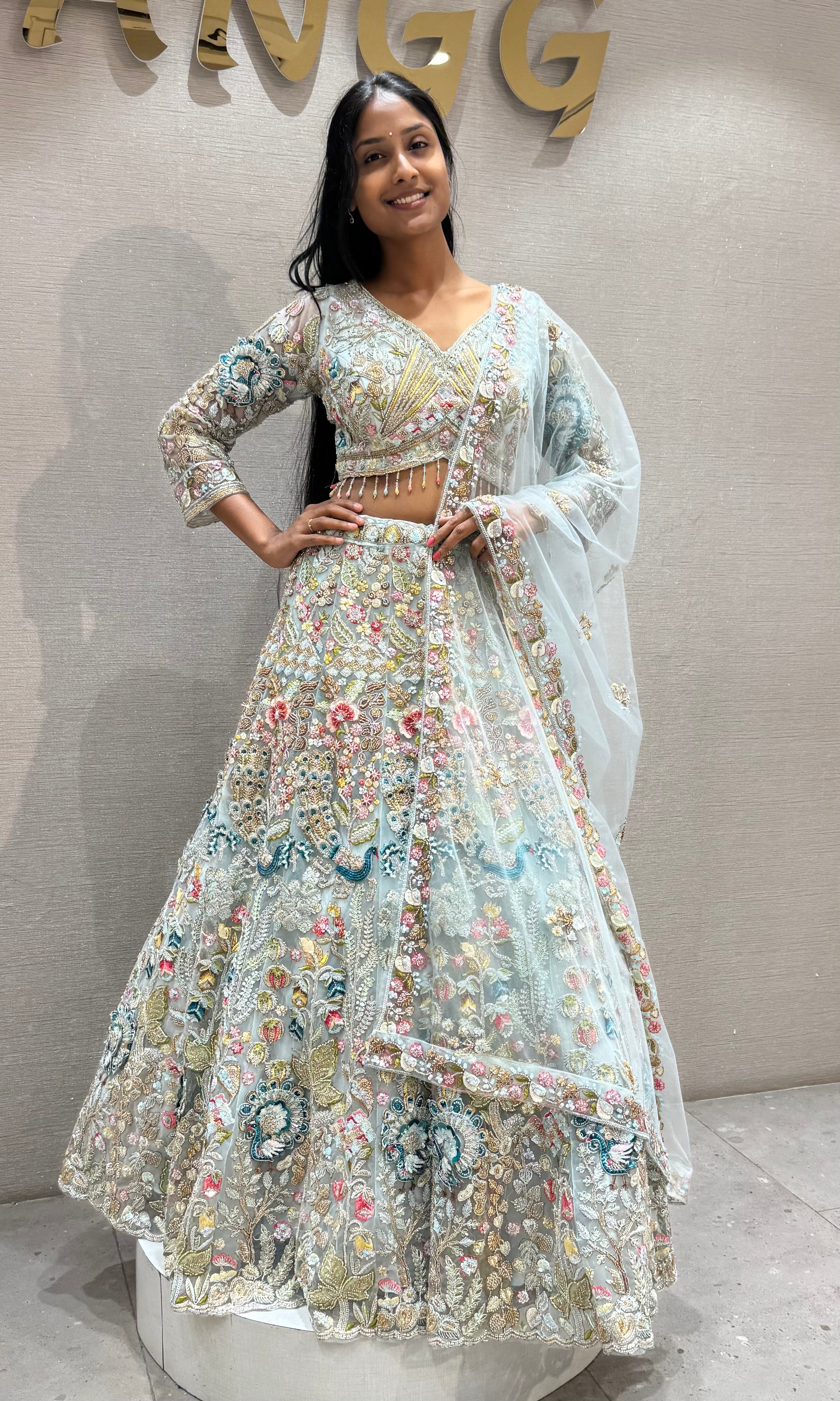 Mint Blue Multi-Color Floral Designer Bridal Lehenga