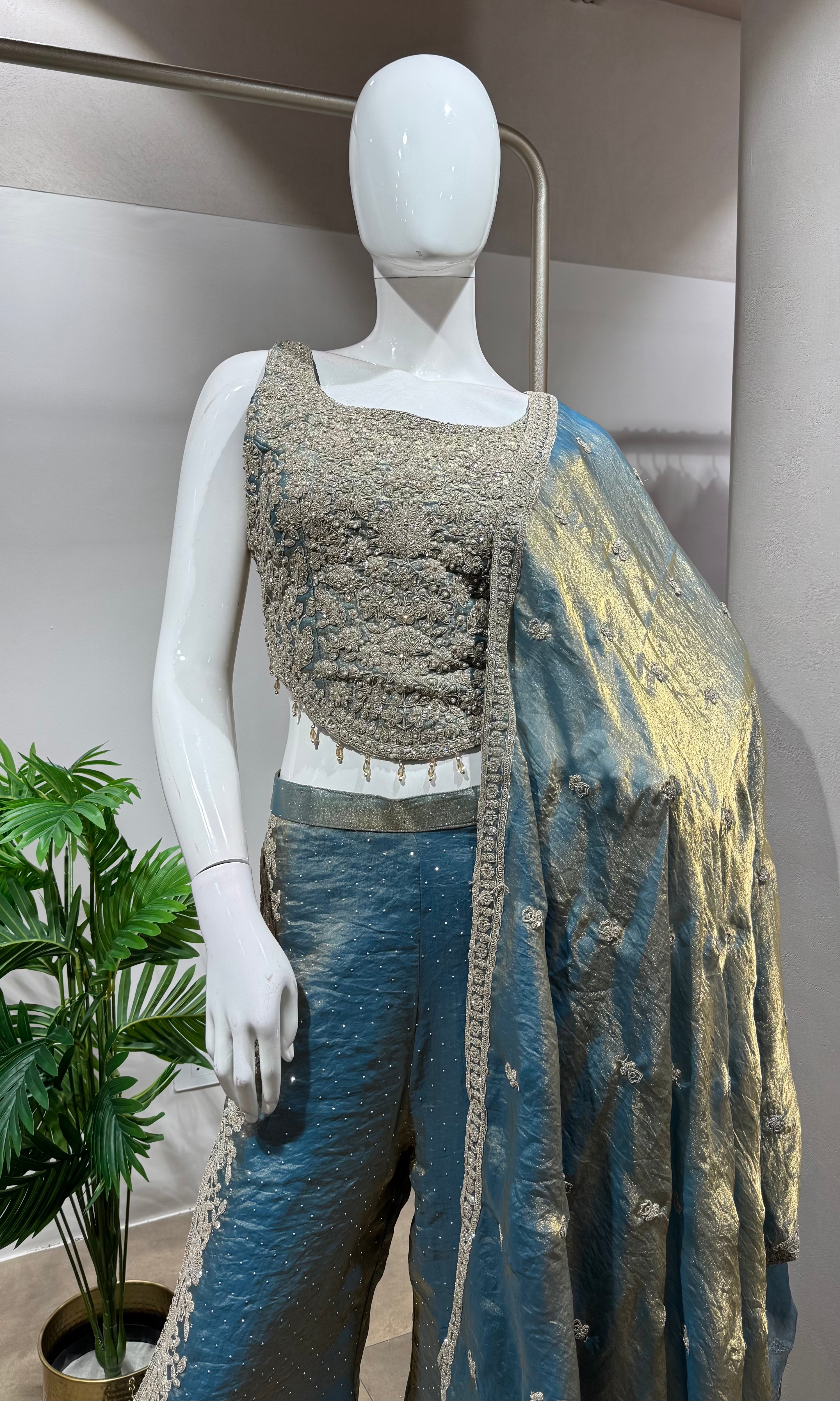 Blue silk Embroidered and mirror PALAZZO suit