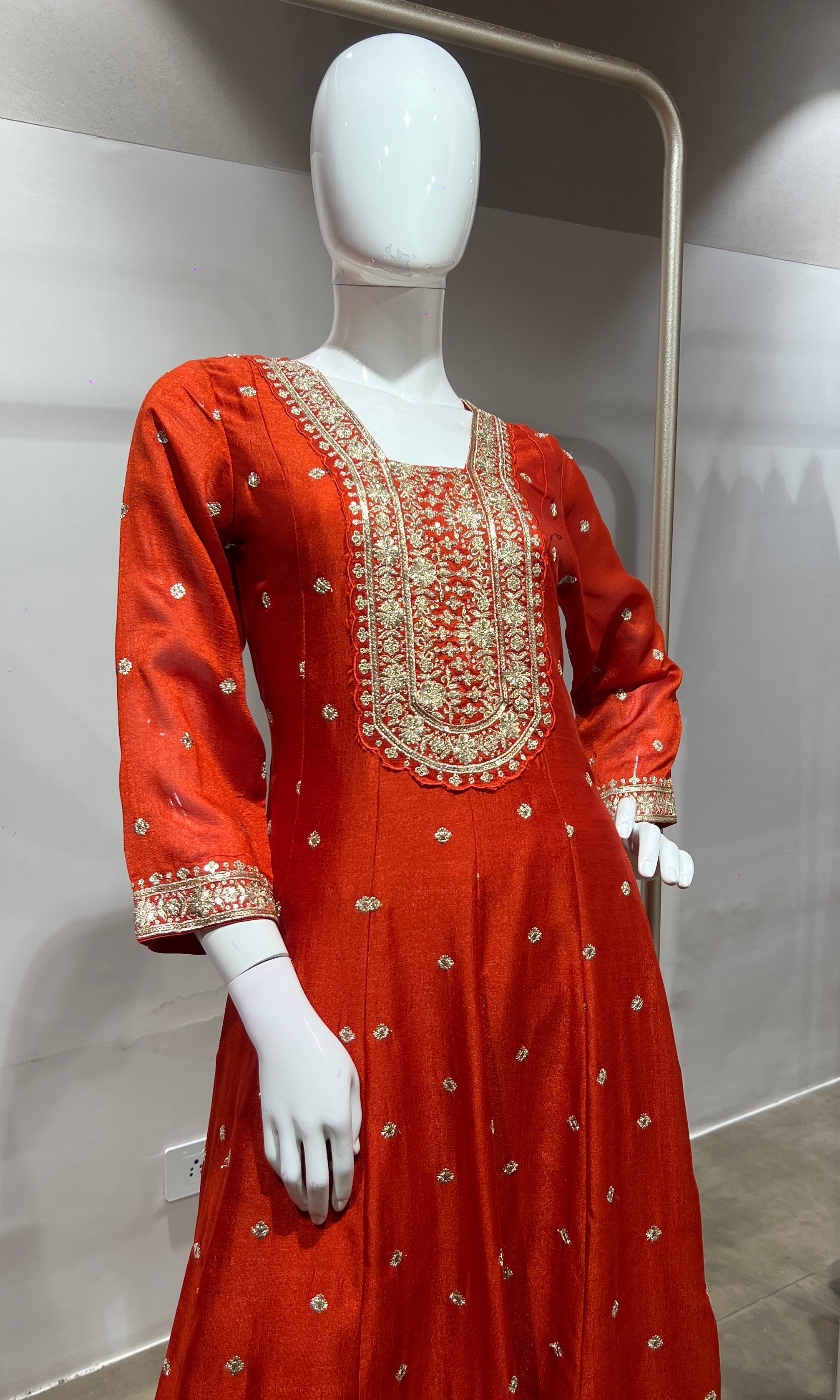 Rust gold embroidered Anarkali set