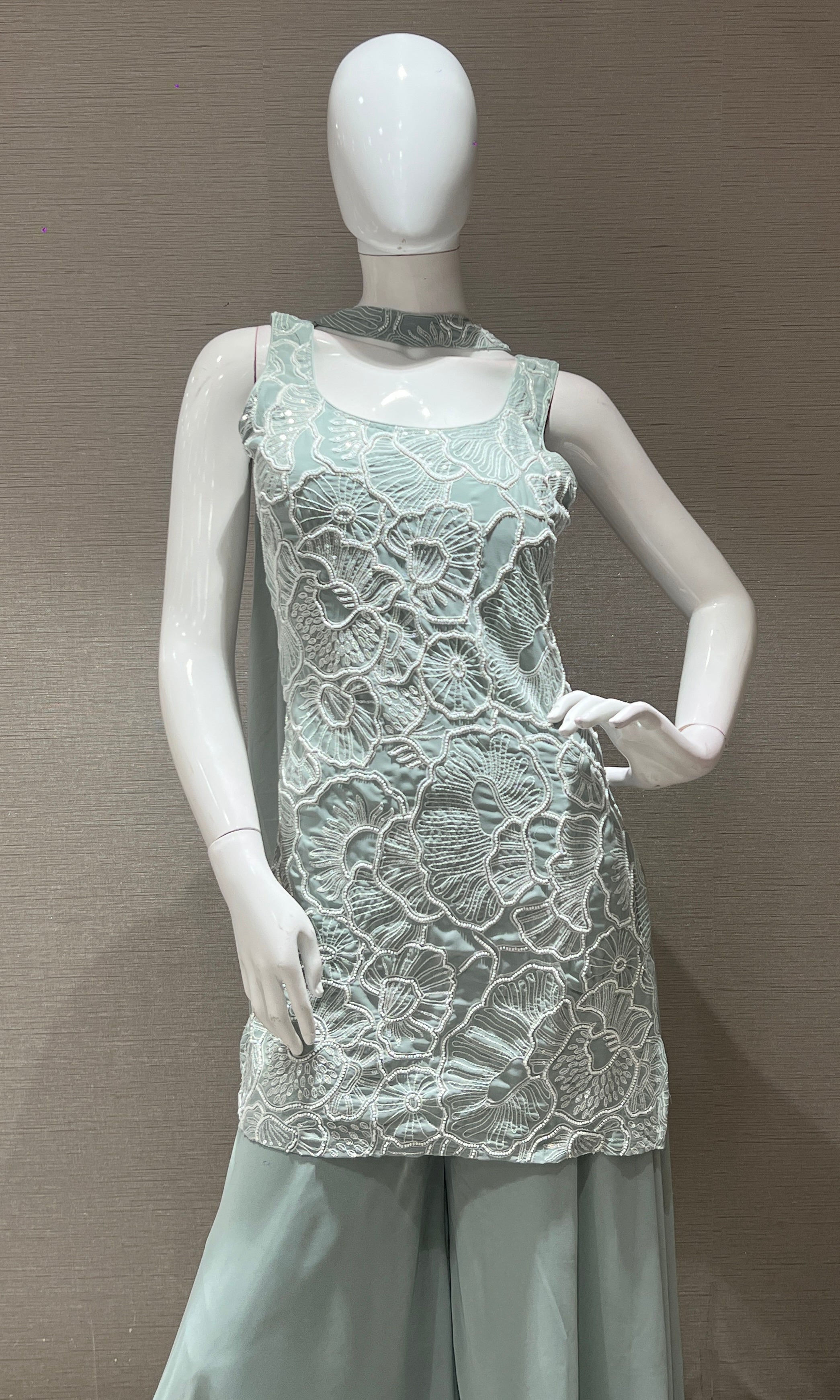 Pista green palazzo with floral embroidery