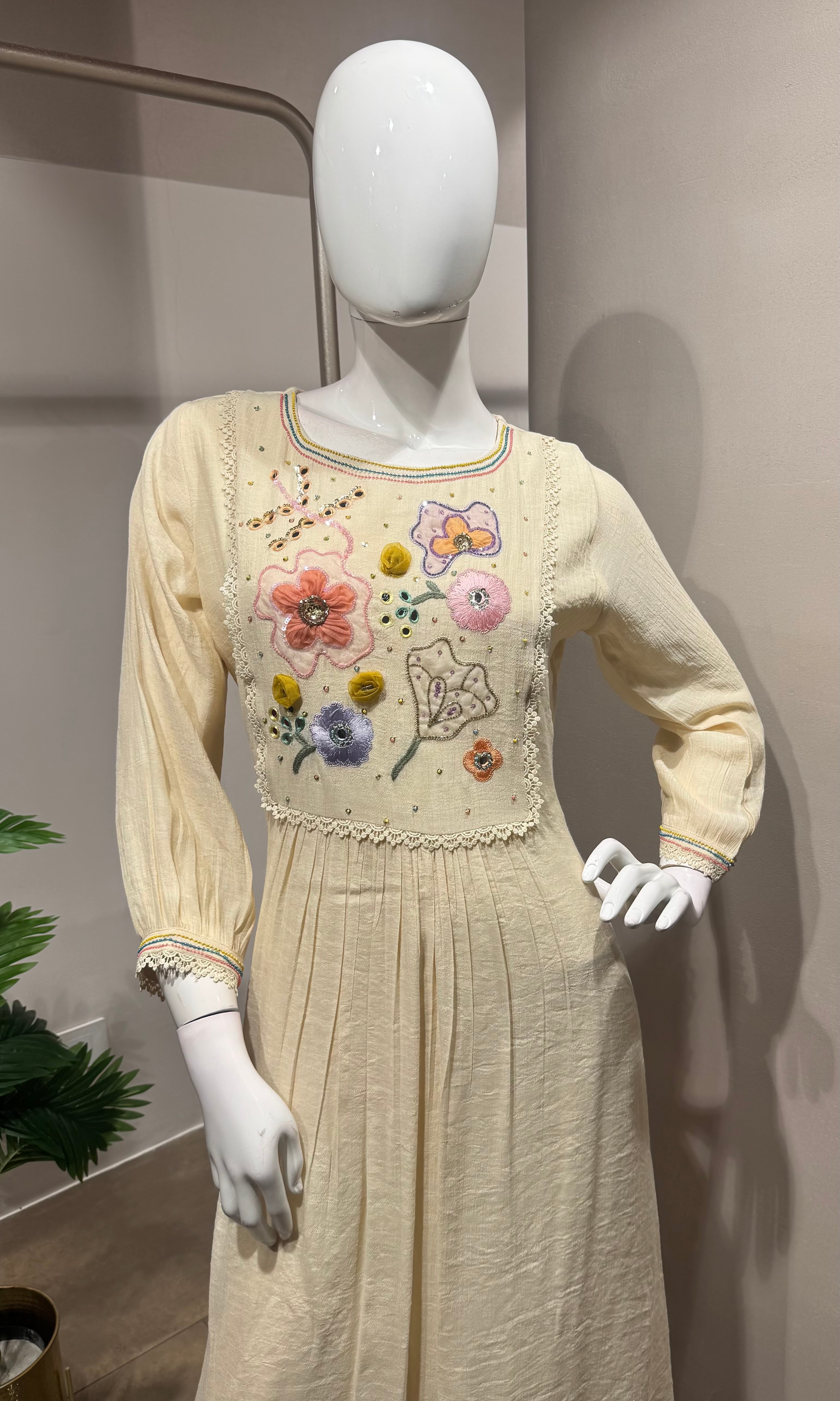 cream Floral Embroidered A-Line dress