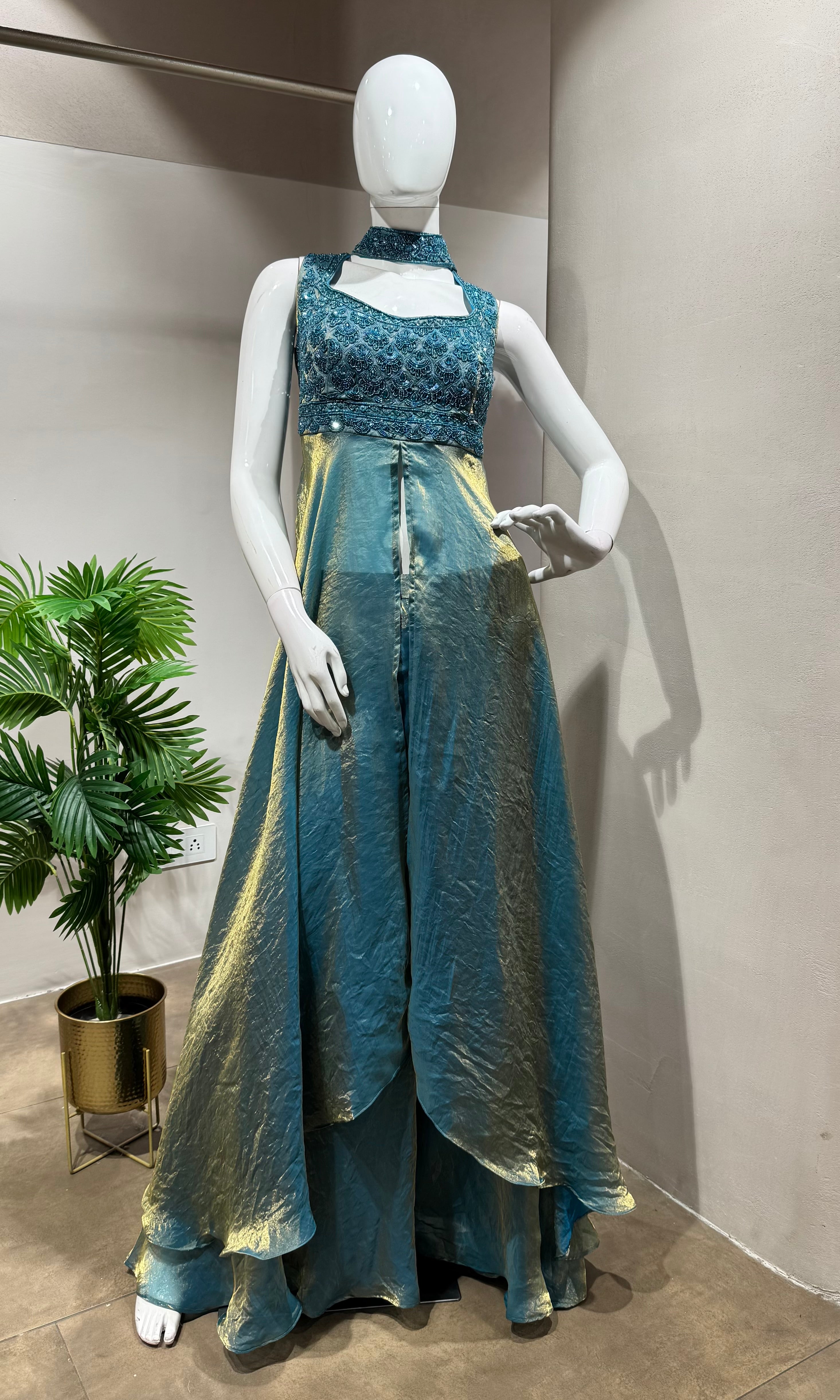 BLUE FRONT SLIT ANARKALI SET WITH PALAZZO PANTS
