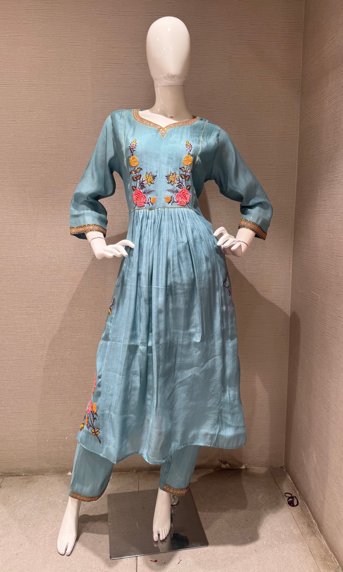 Blue Floral mul chanderi kurta set with dupatta