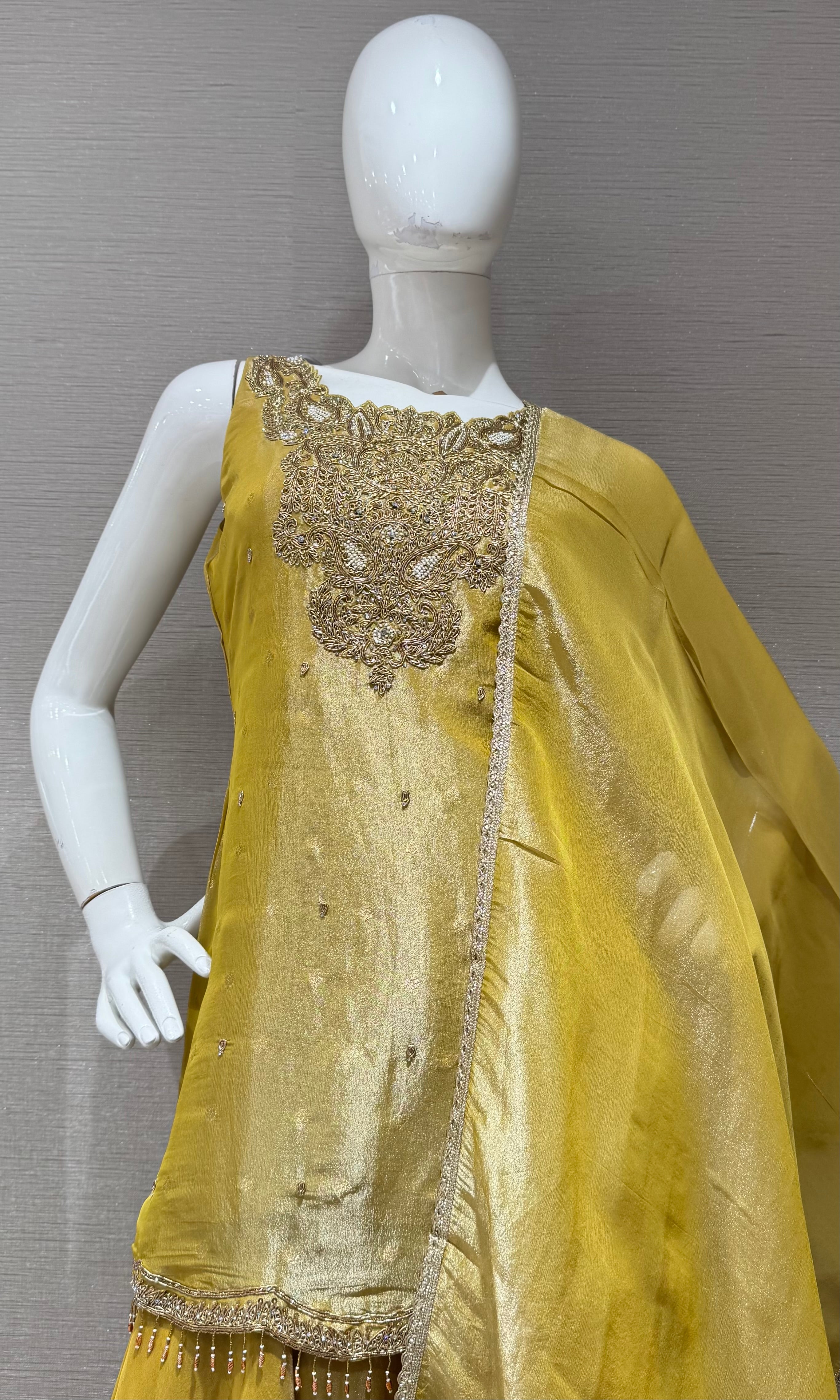 Mustard Gold Tissue silk Embroidered Sharara Set