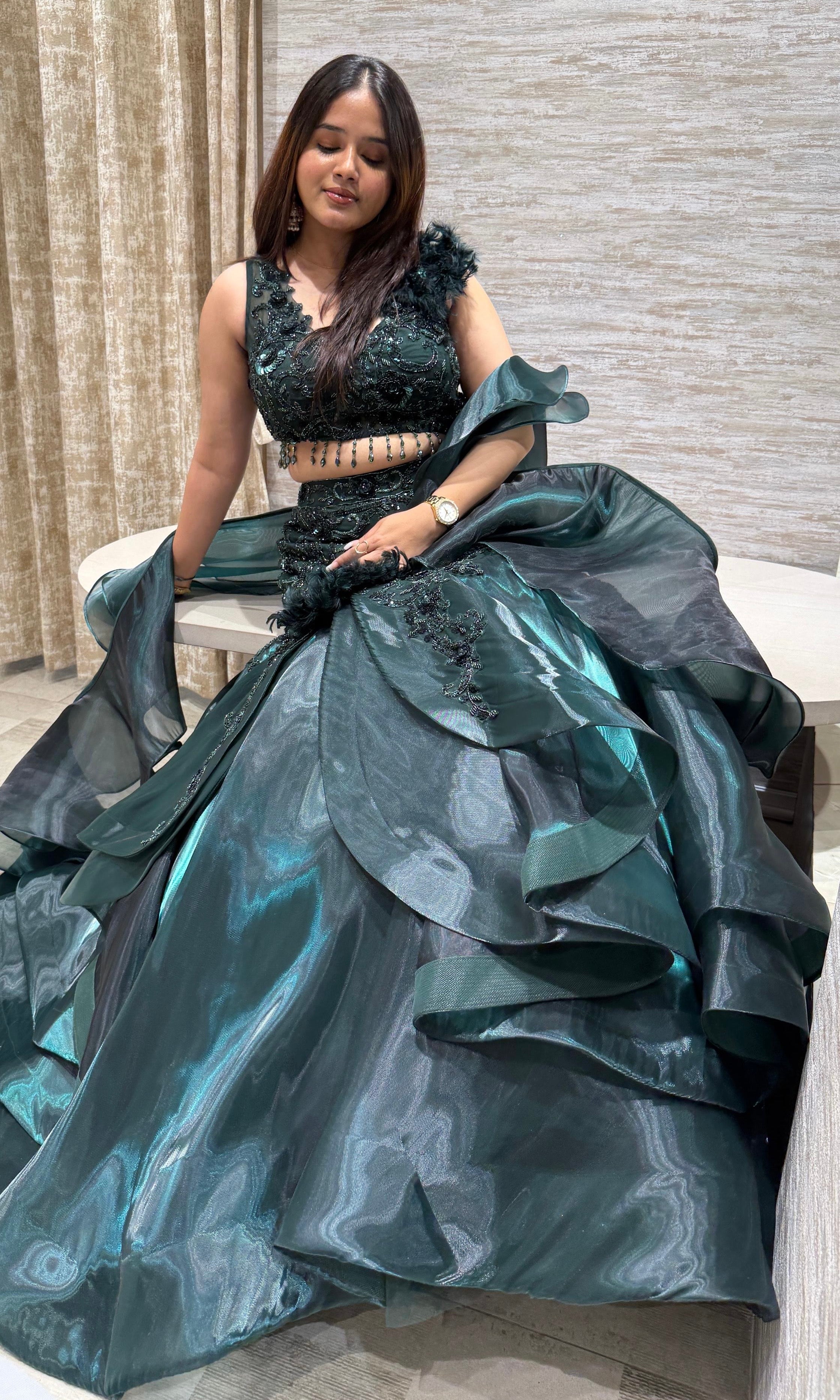 green Emerald Ruffle Lehenga