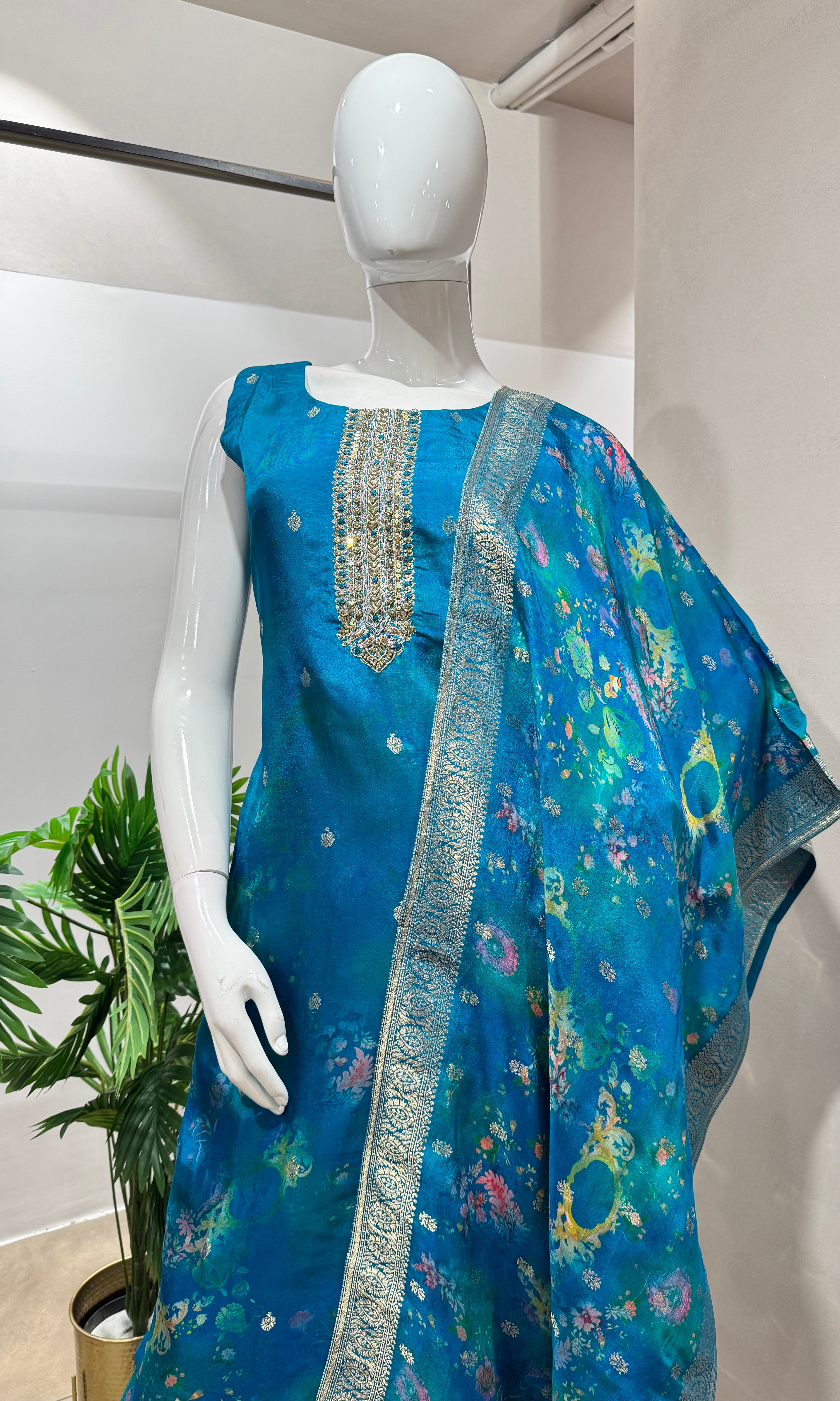 Rama blue EMBROIDERED KURTA SET
