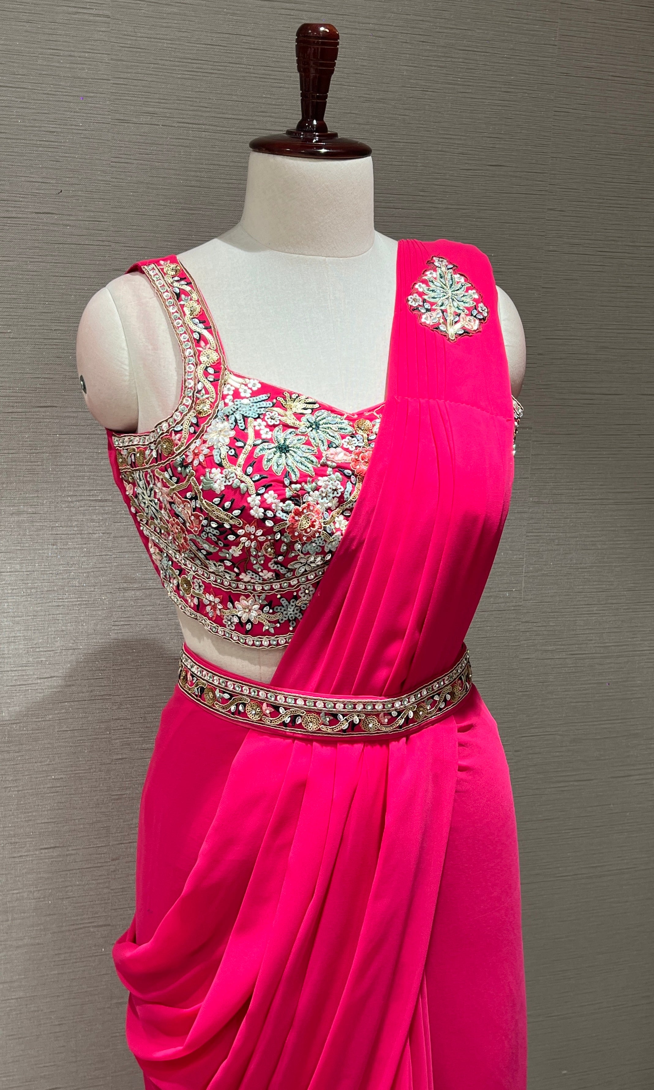 Pink drape saree WITH FLORAL BLOUSE