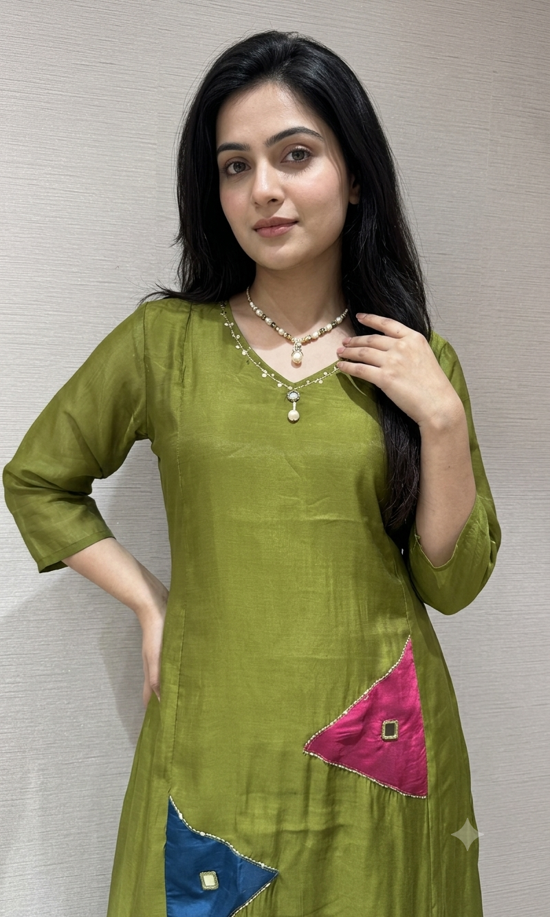 Olive Green Embroidered Kurta Set with Sheer Overlay