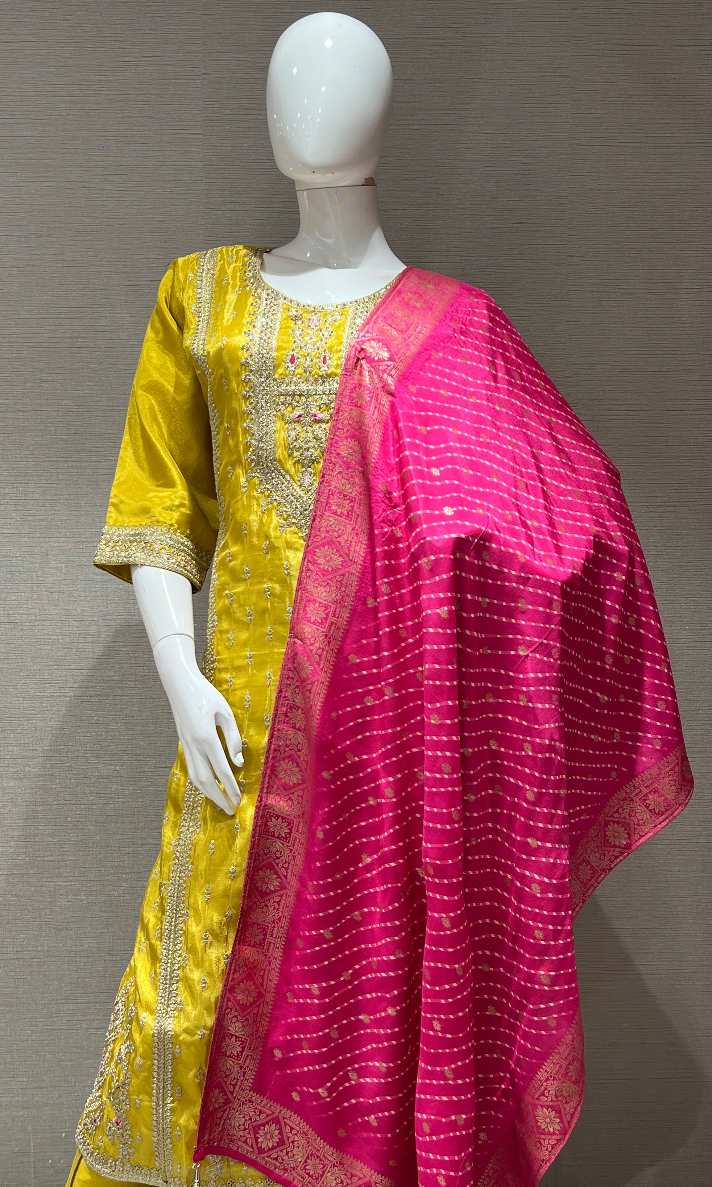 Yellow kurta set WITH CONTRAST PINK DUPATTA