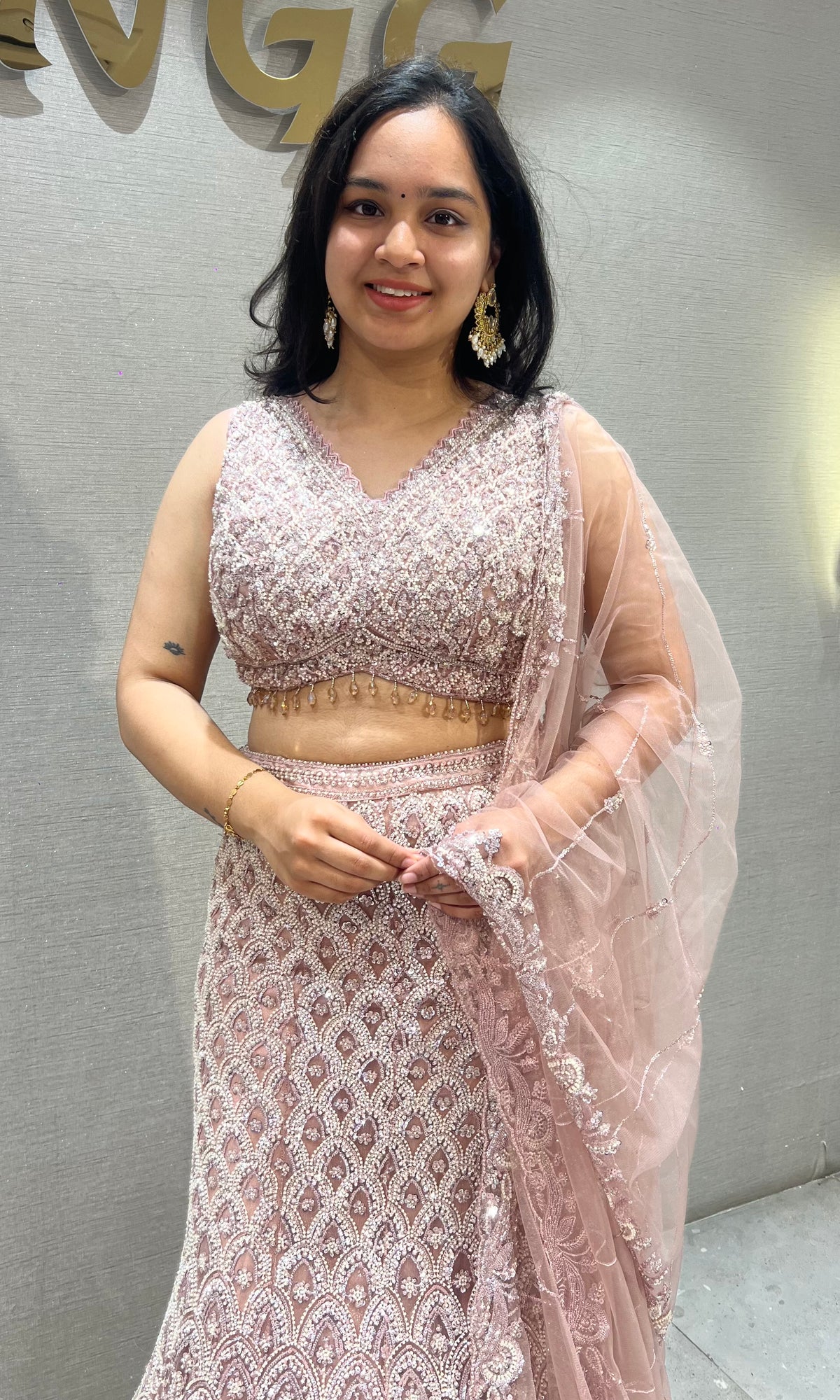Onion Pink Embroidered fish cut Lehenga with Sheer Dupatta